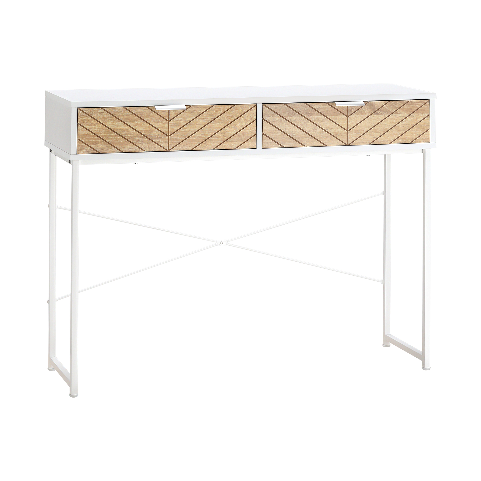 Consolle bianca con due cassetti con frontali in legno. Le gambe sono in metallo bianco.