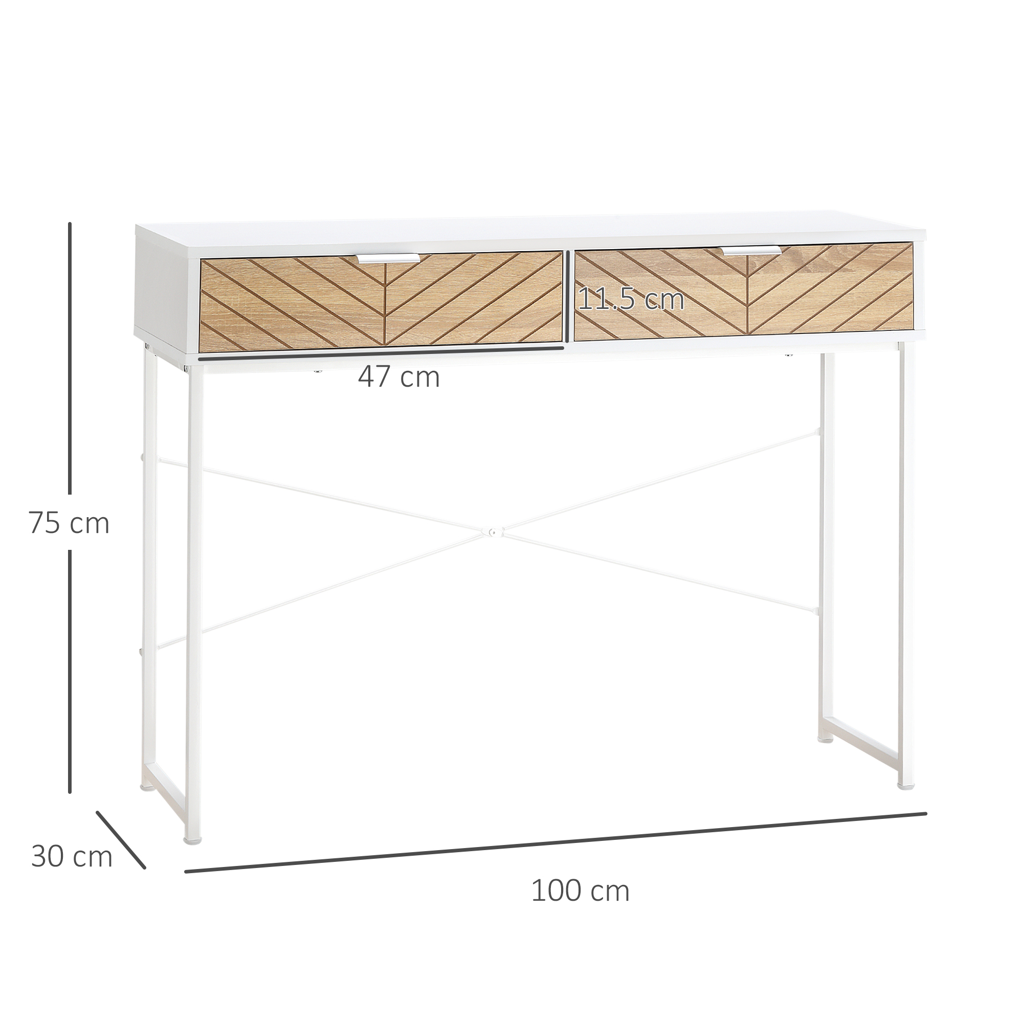 Una scrivania bianca con due cassetti e aspetto legno. Le dimensioni sono indicate. Montatura in metallo bianco.