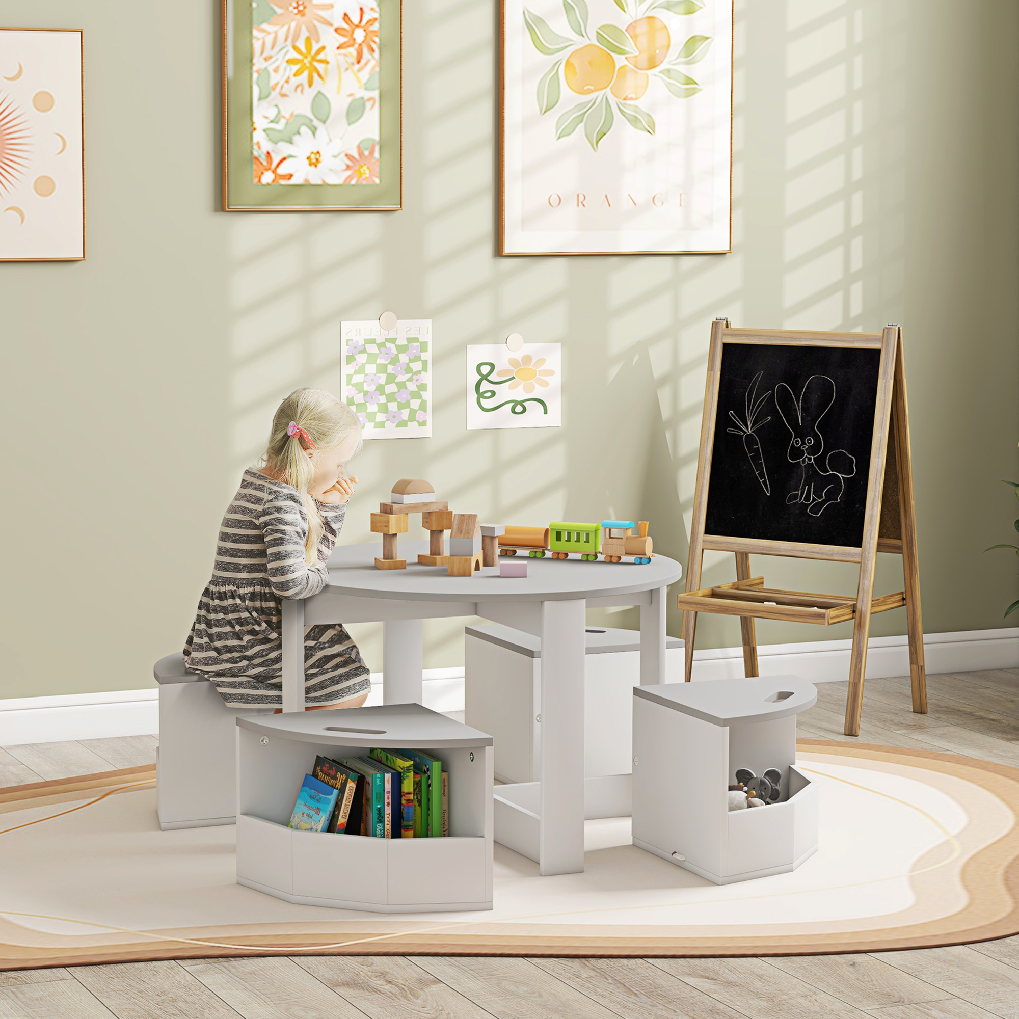 Bambino che gioca a un tavolo con due sgabelli e contenitori. Giocattoli sul tavolo. Schema di colori bianco e grigio.