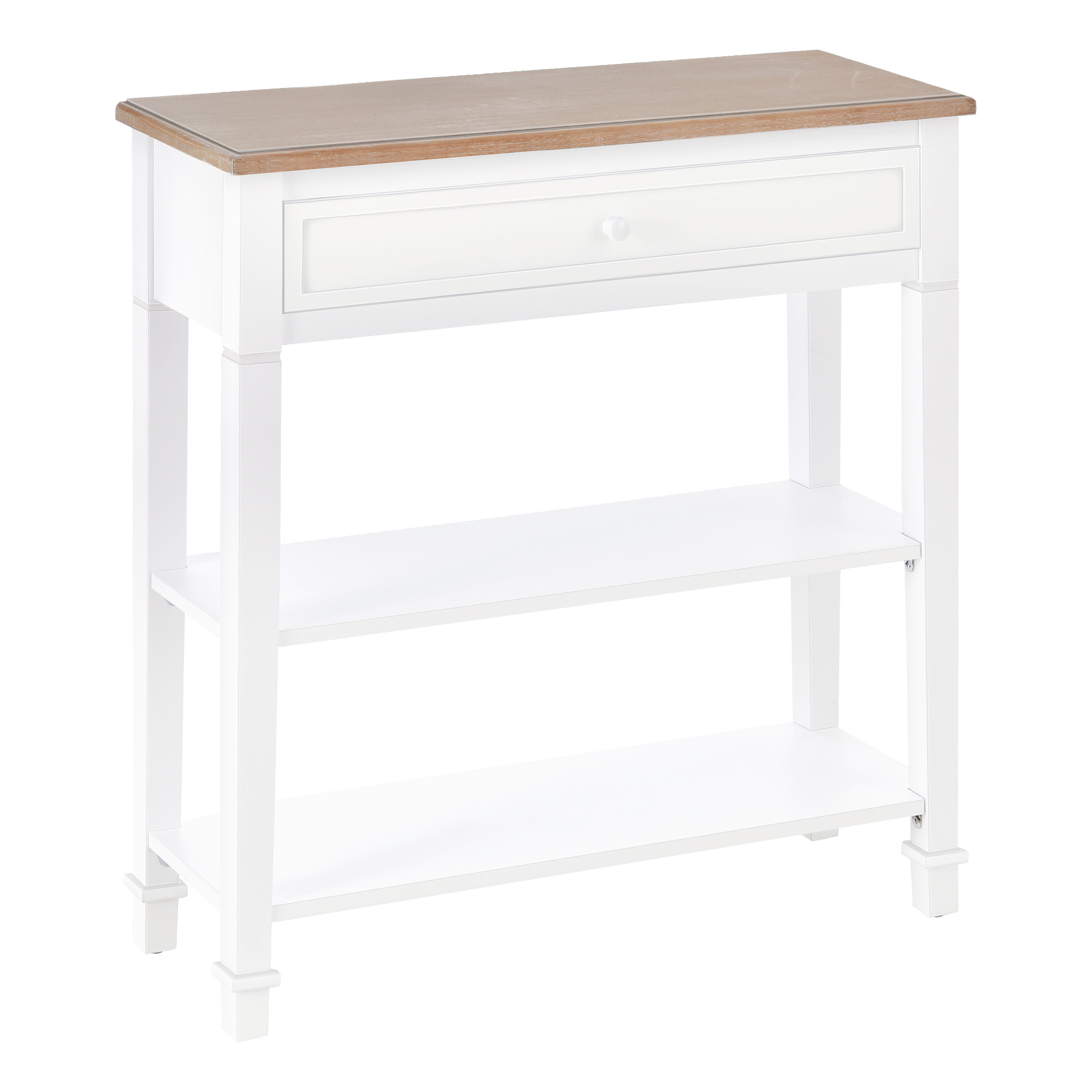 Consolle bianca con cassetto e ripiani. Piano in legno. Sfondo bianco.