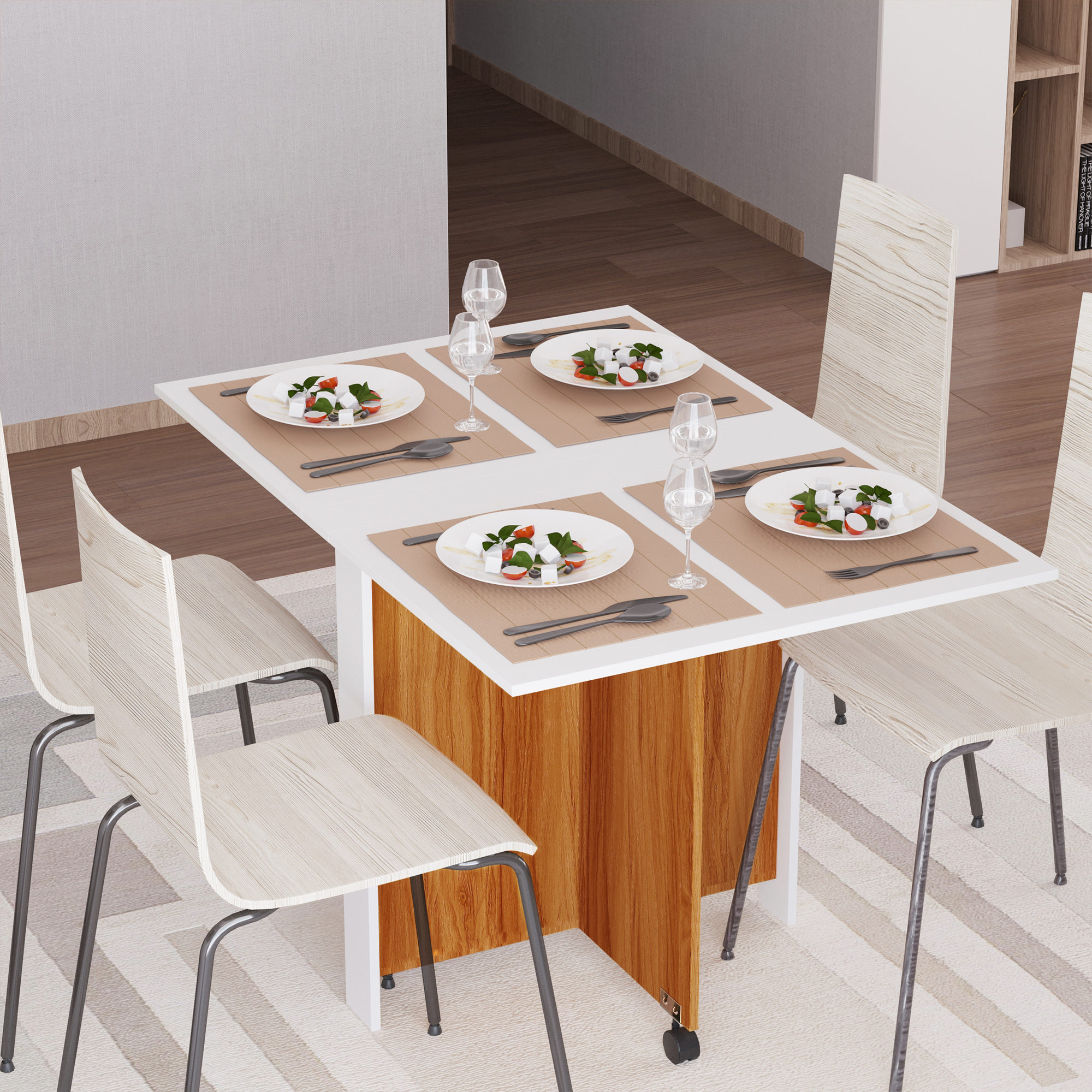 Un tavolo da pranzo per quattro persone. È bianco con base in legno. Ci sono piatti, bicchieri e posate.