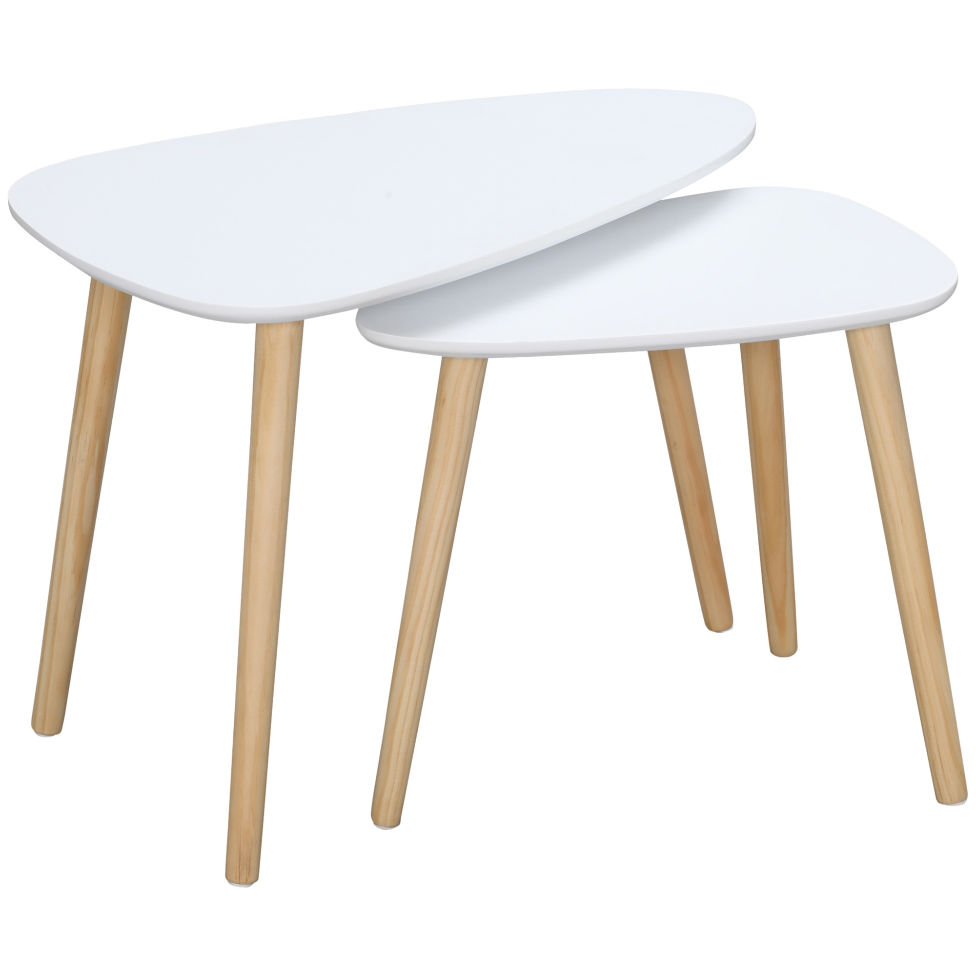 Due tavolini bianchi con gambe in legno su sfondo bianco.