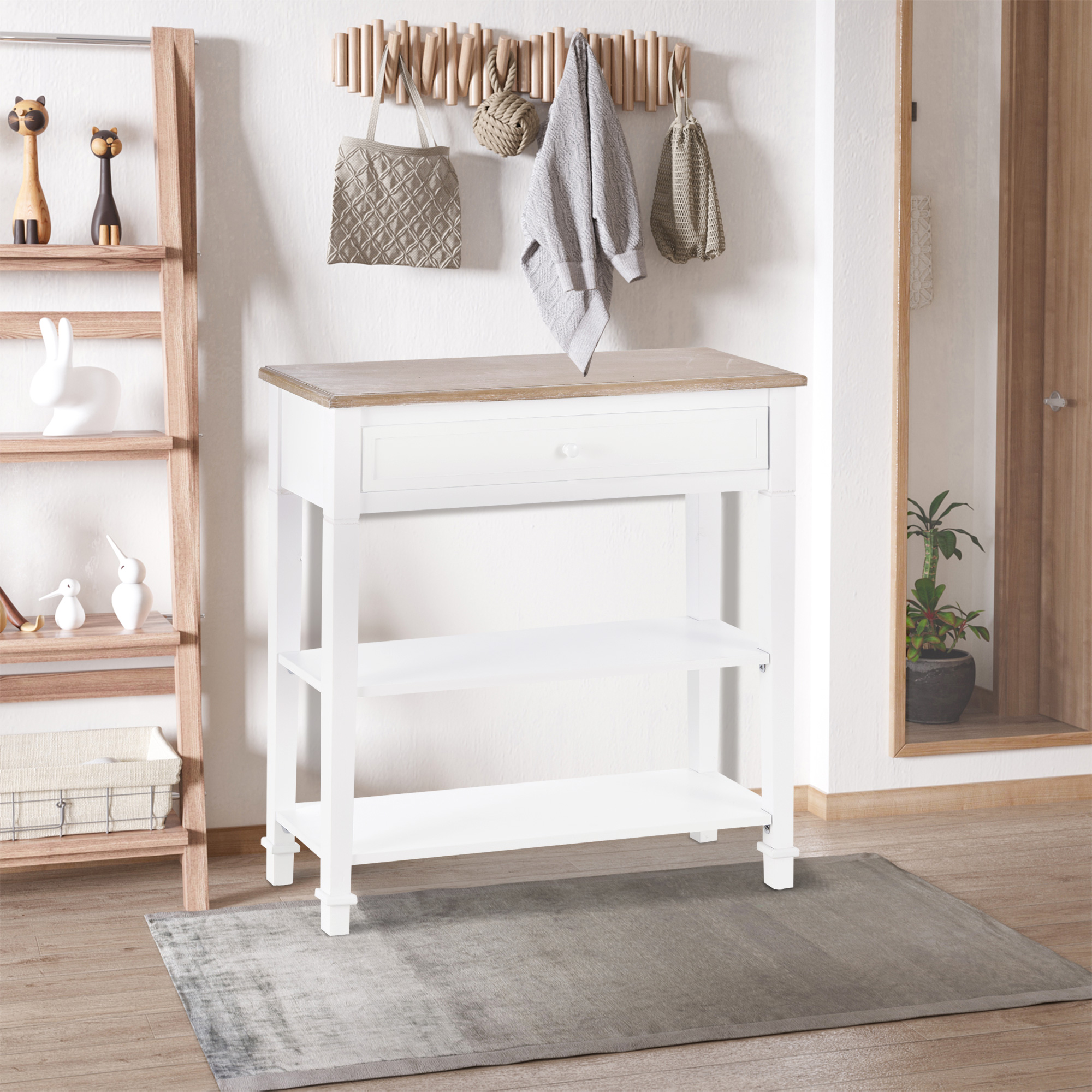 Tavolo consolle bianco con cassetto e ripiano, decorazioni e tappeto in una stanza.