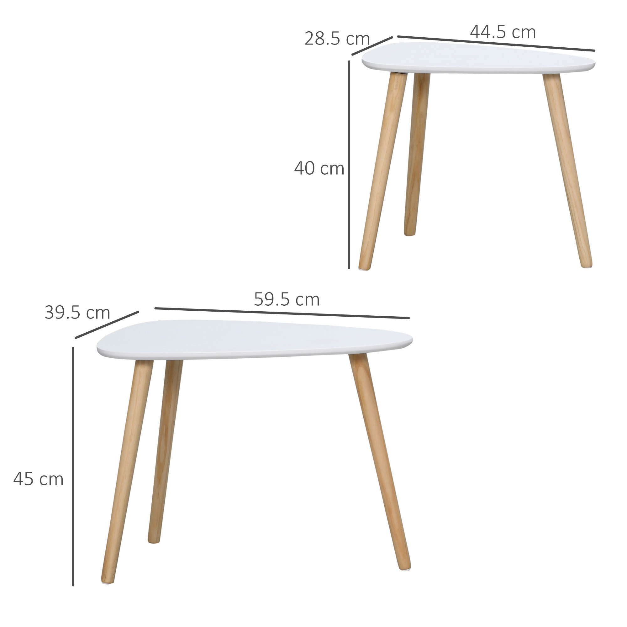 Due tavoli triangolari bianchi con gambe in legno, con misure indicate sull'immagine.