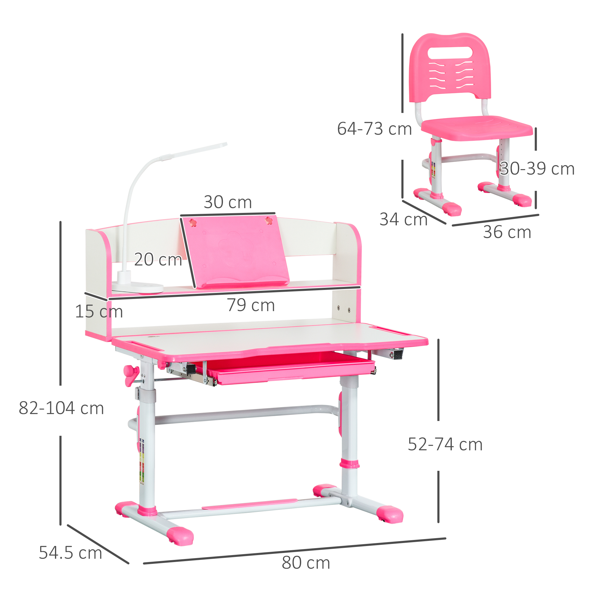 Scrivania regolabile rosa e bianca con sedia. Dimensioni etichettate. Scrivania con lampada.