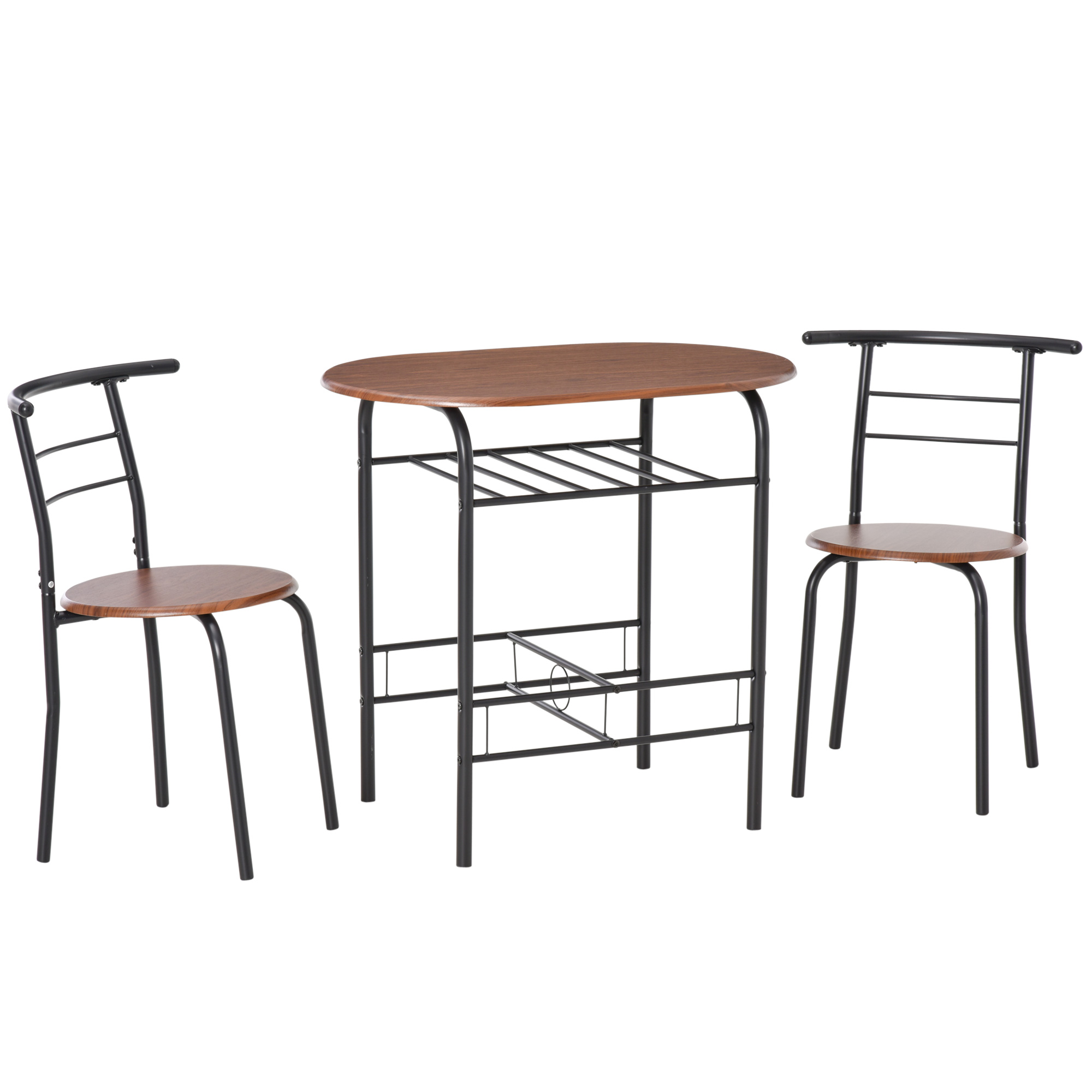 Set da pranzo con tavolo con bordi arrotondati e due sedie. Il set è su sfondo bianco.
