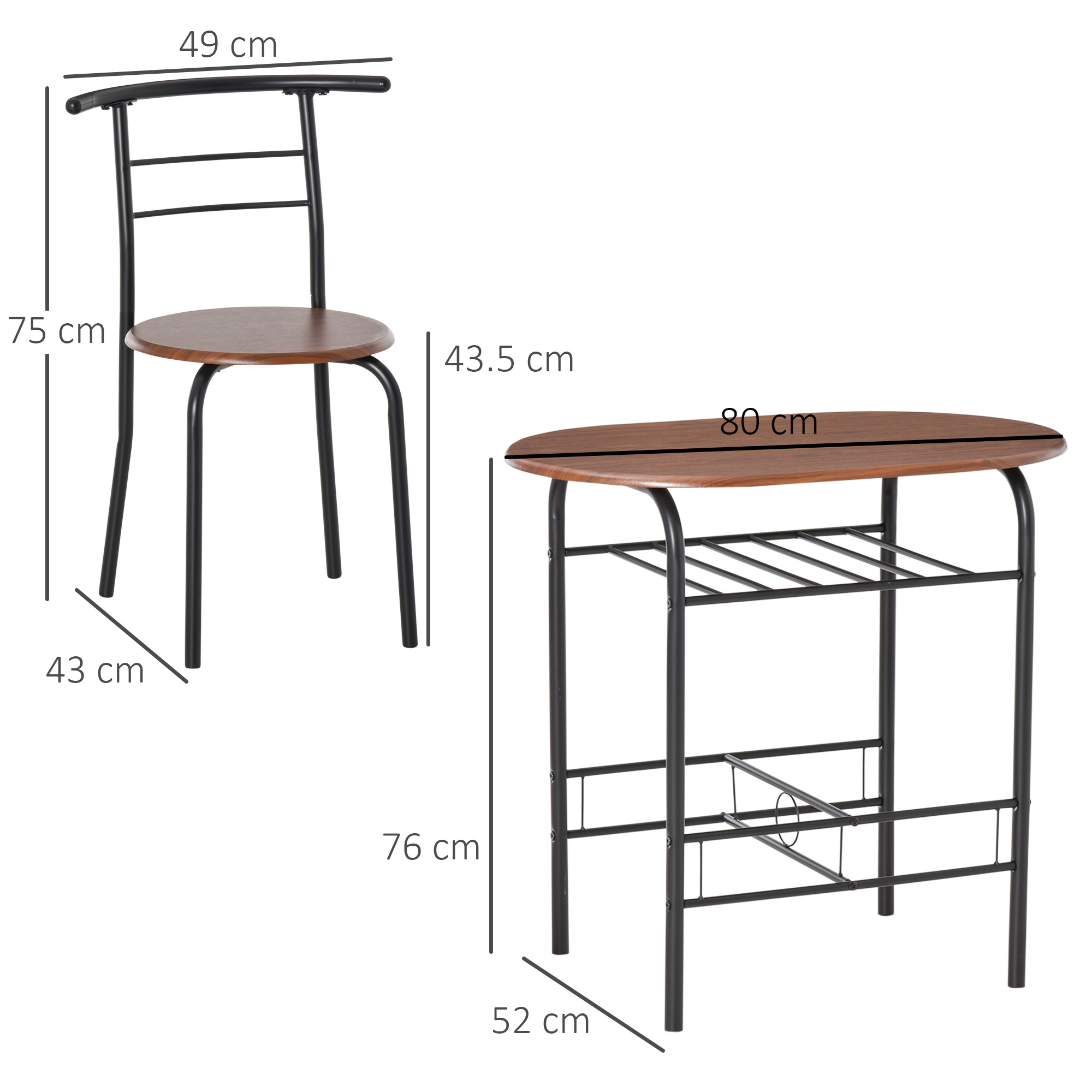 Un set di sedia e tavolo in metallo nero con dimensioni etichettate. La sedia è marrone. Il tavolo ha un piano ovale.