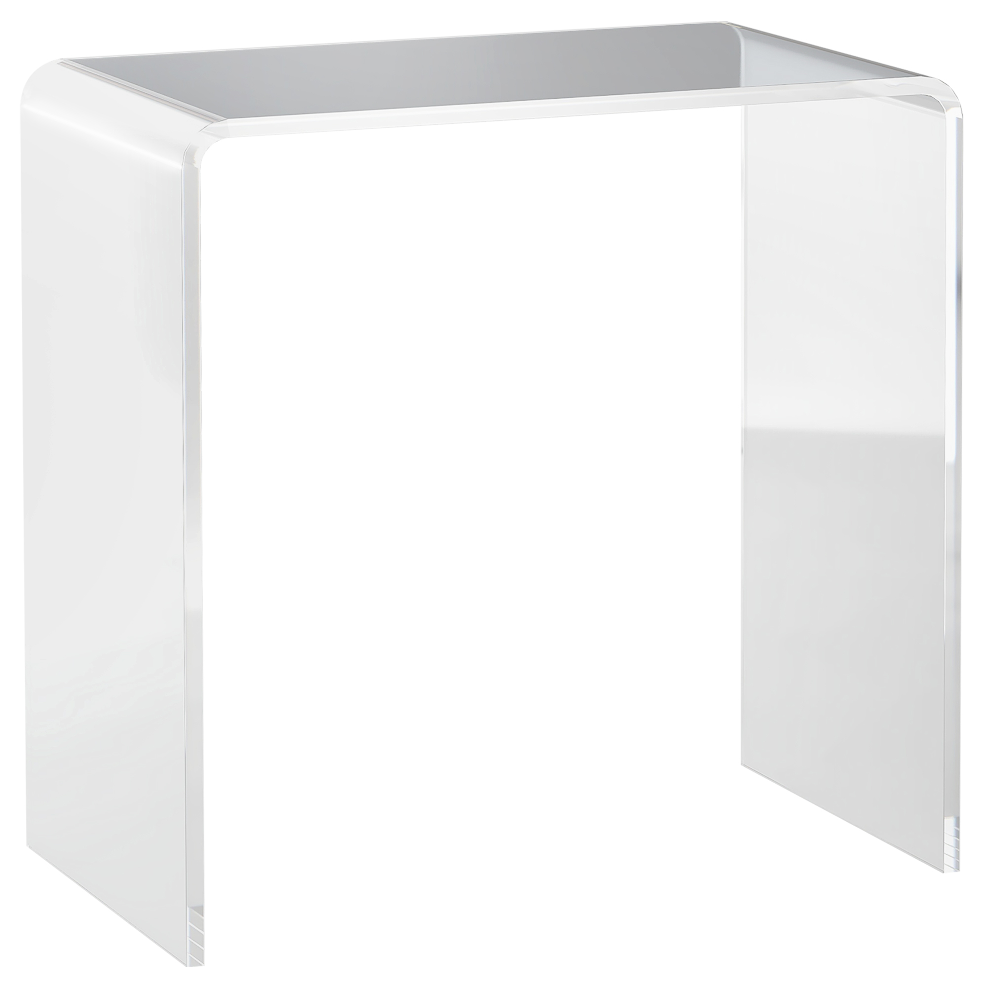 Tavolo consolle in acrilico trasparente con design a forma di U, su sfondo bianco.
