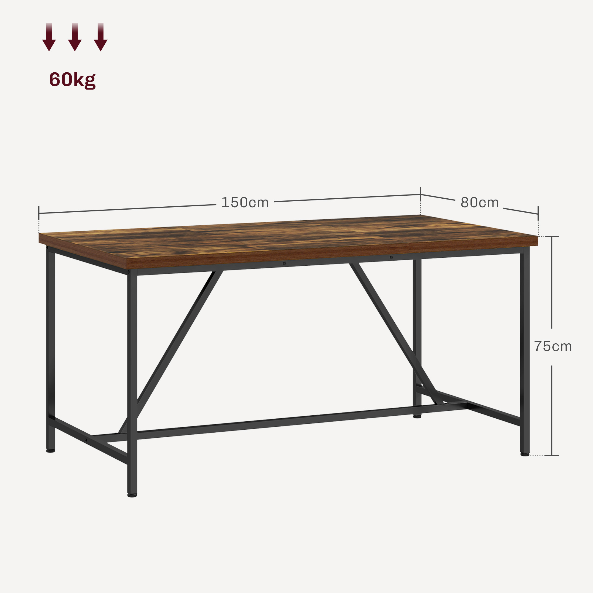Tavolo in legno con gambe nere, dimensioni 150x80x75cm, carico 60kg.