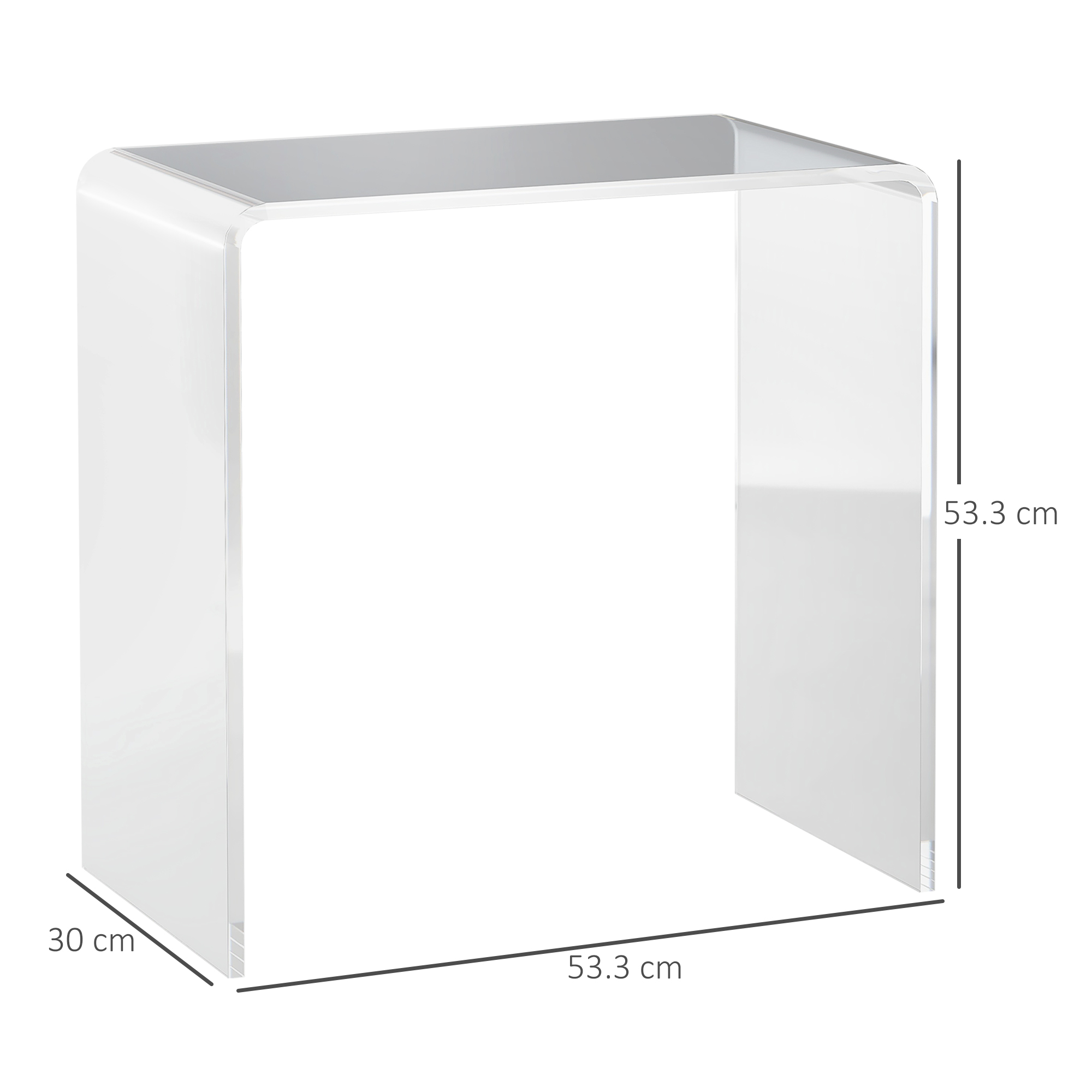 Tavolo in acrilico trasparente. Forma rettangolare con angoli arrotondati. Dimensioni indicate.