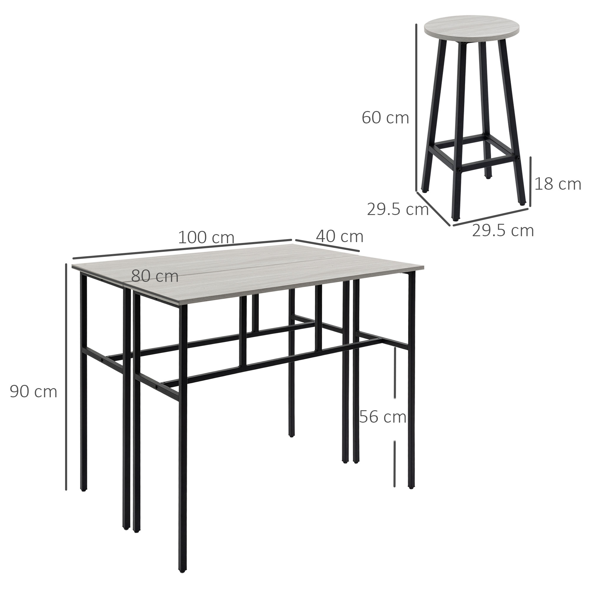 Un tavolo con piano grigio e struttura in metallo nero e uno sgabello coordinato, con misure.
