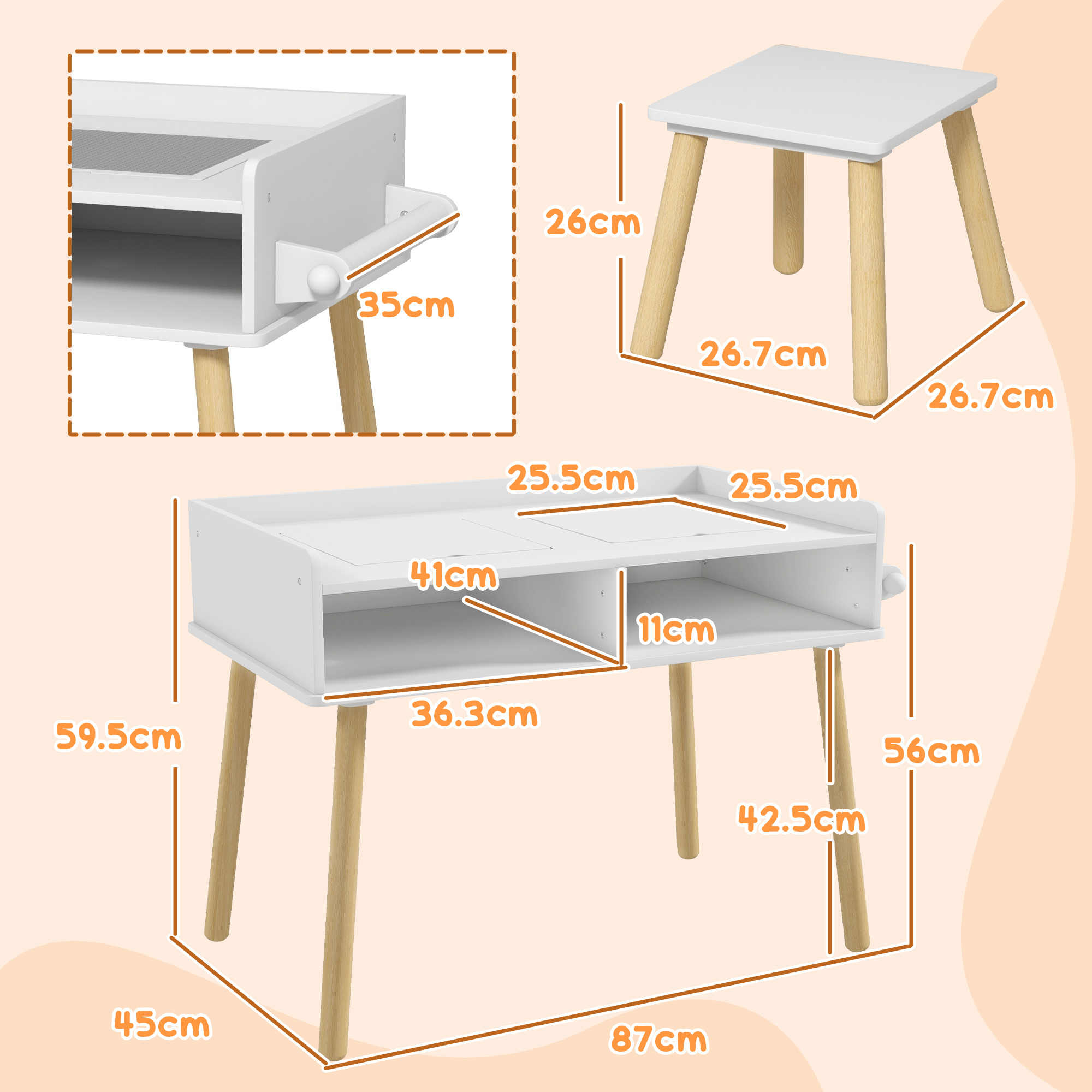Scrivania e tavolino bianchi per bambini con dimensioni.