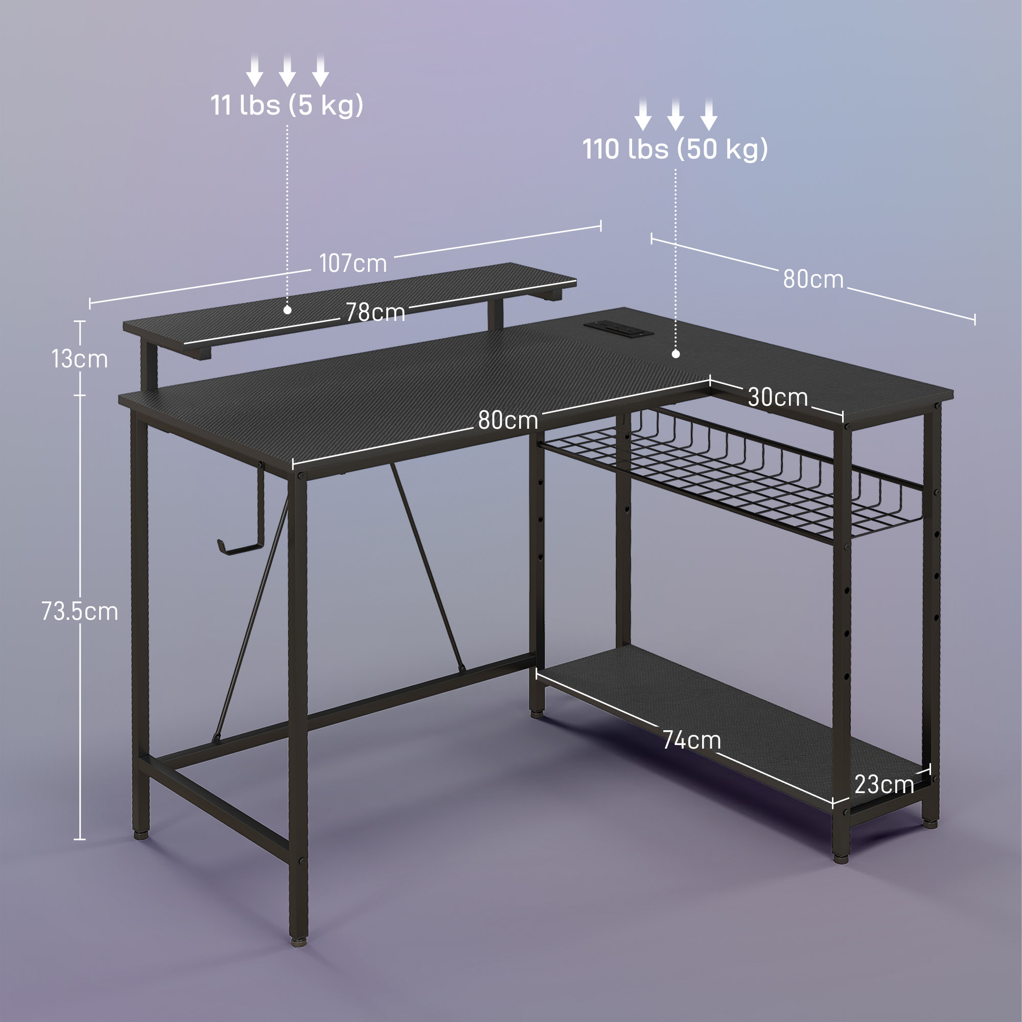 Una scrivania per computer nera a forma di L con dimensioni e limiti di peso.