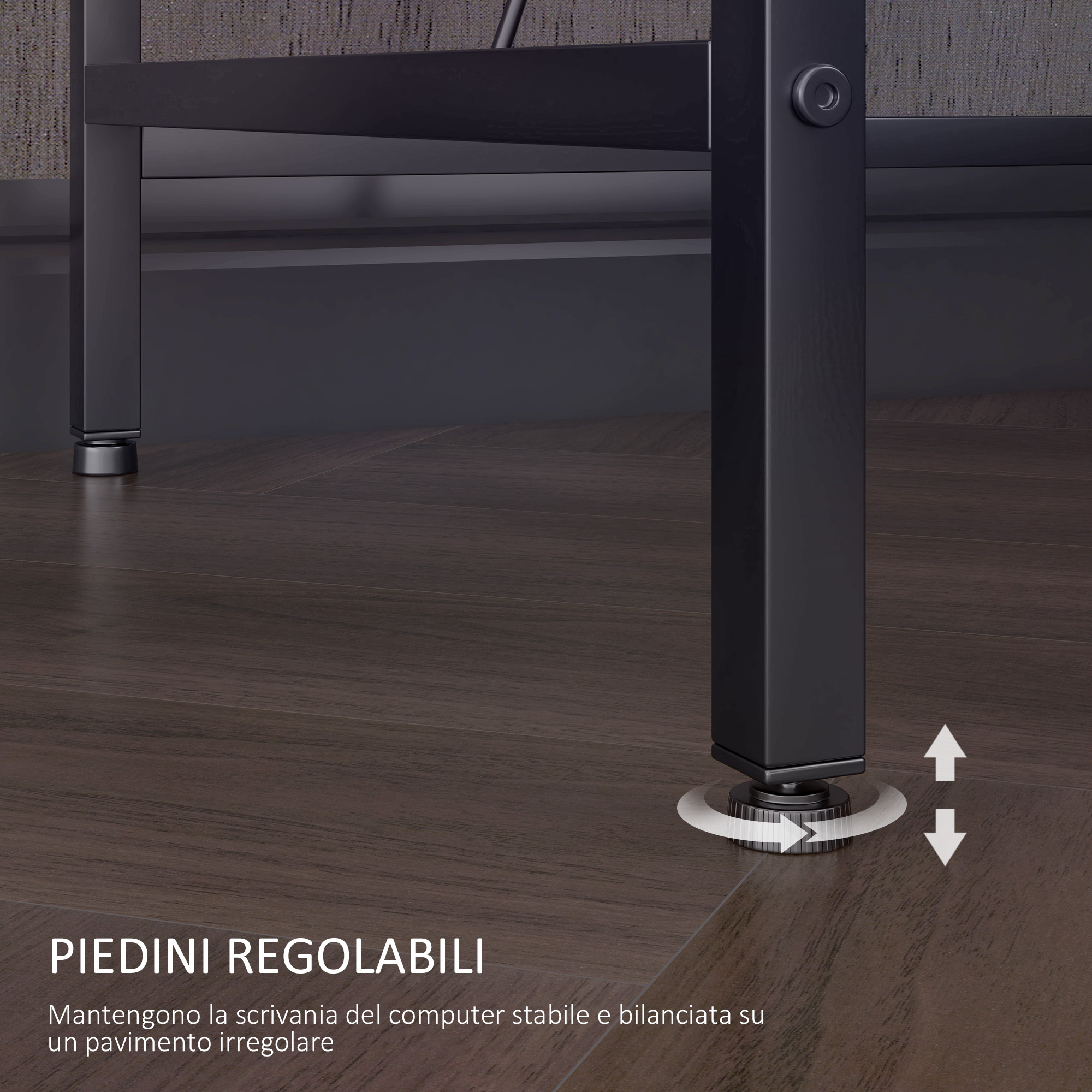 Primo piano dei piedini regolabili su una scrivania nera. I piedini sono bianchi e neri, con frecce verso l'alto.