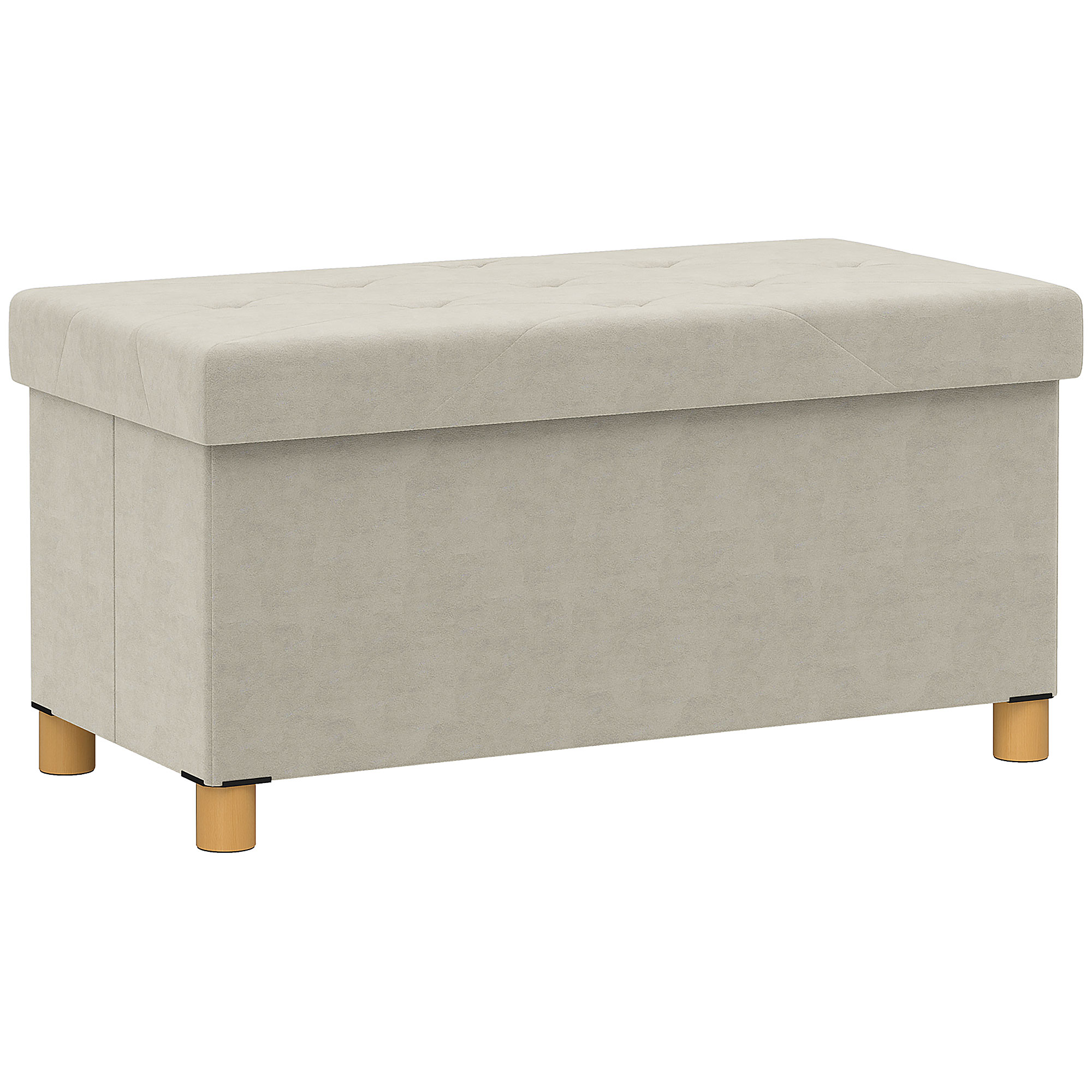 Una panca contenitore imbottita beige con gambe in legno, posta su sfondo bianco.