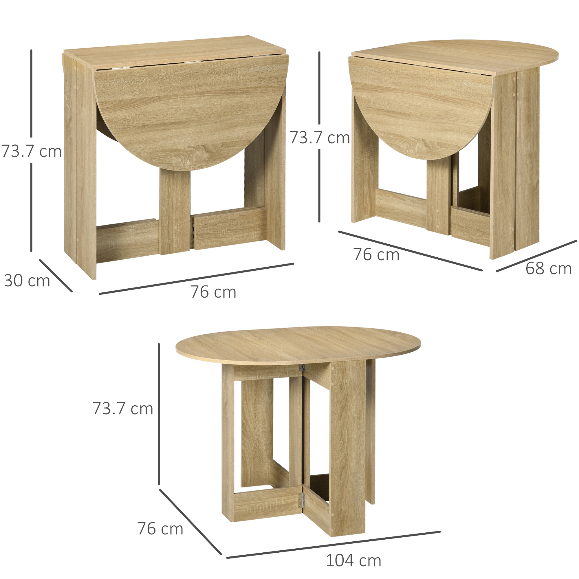 Tre tavoli pieghevoli in legno in diverse configurazioni, dimensioni indicate.