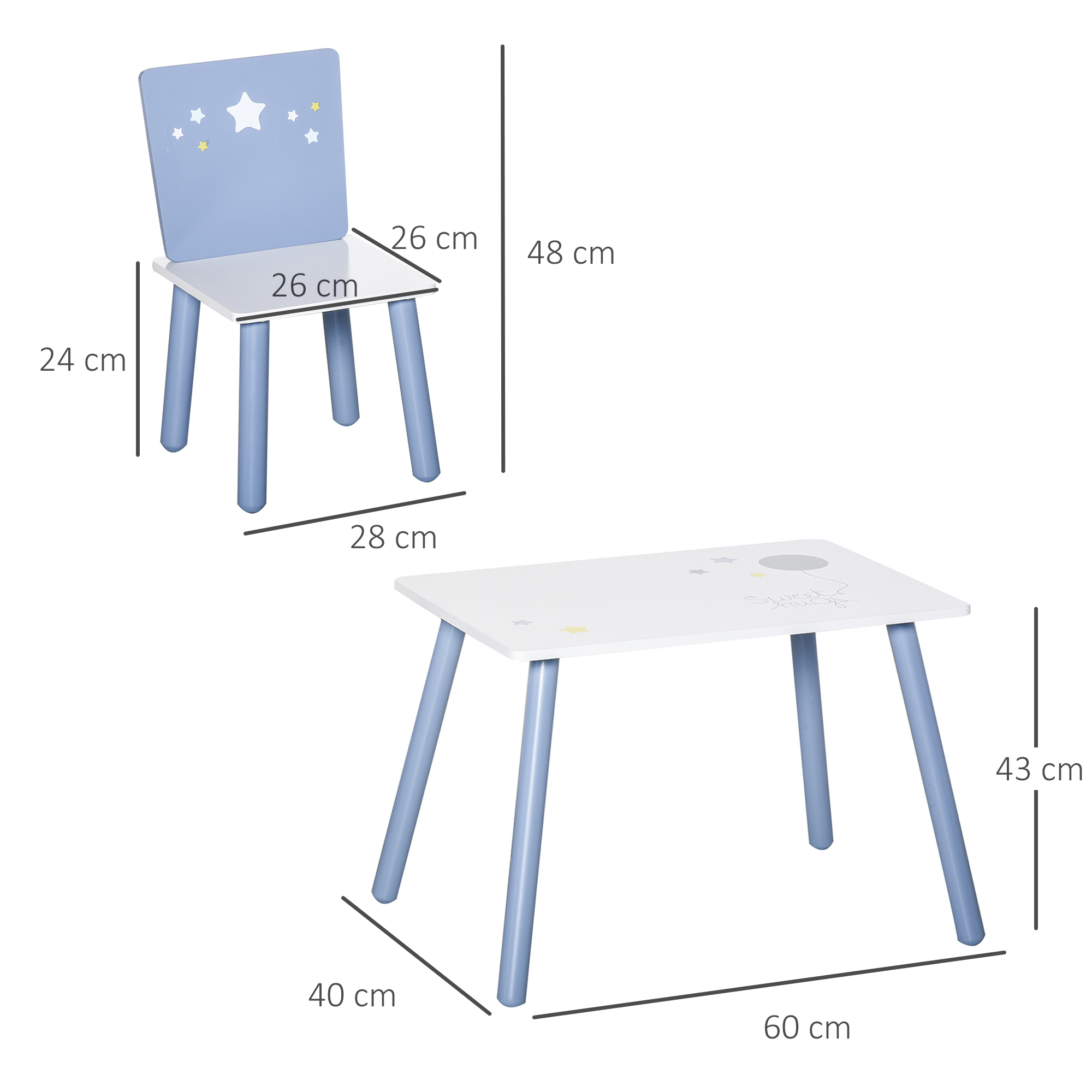 Set tavolo per bambini blu e bianco con sedia e dimensioni.