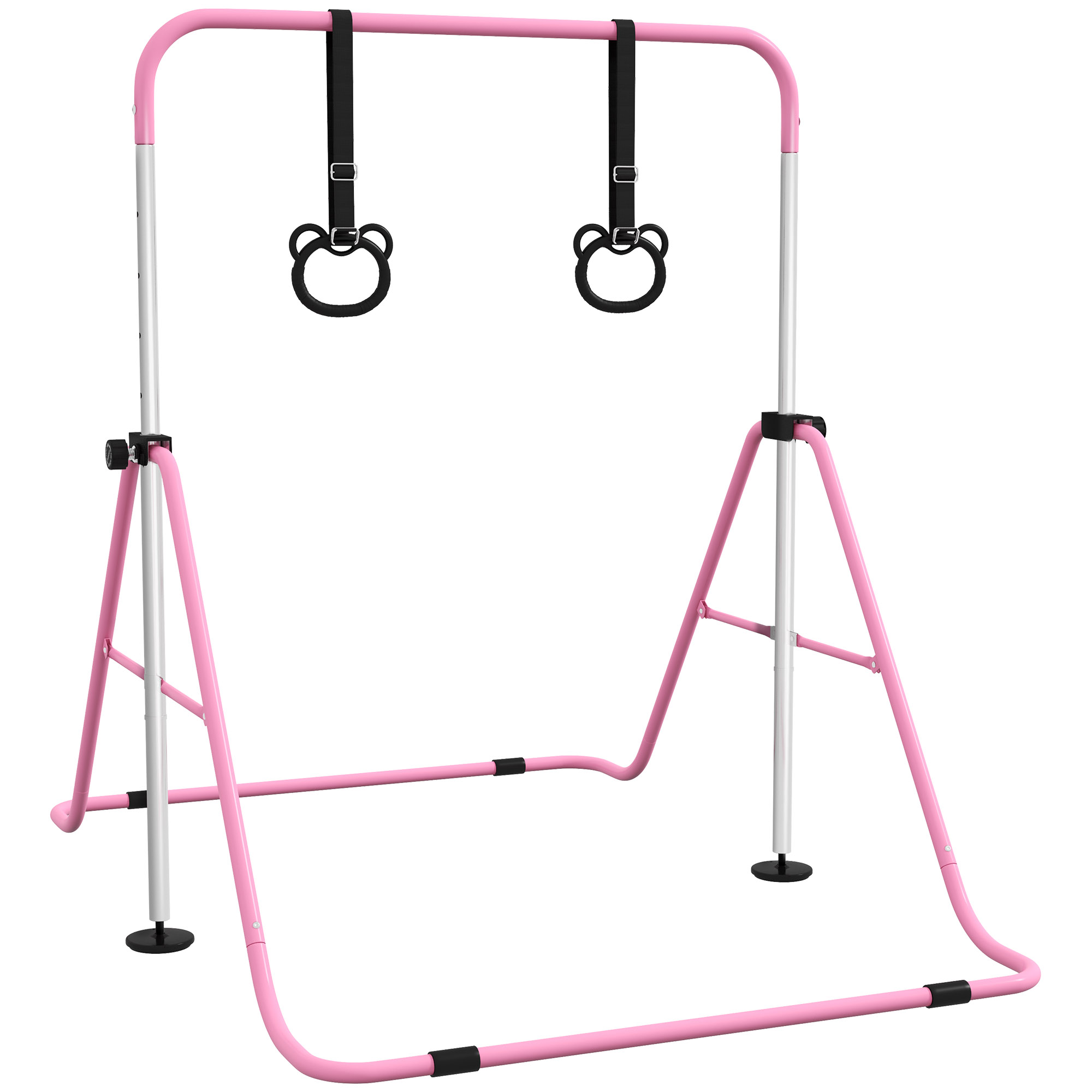 Barra di ginnastica rosa con due anelli. La barra è su sfondo bianco e ha delle misure.