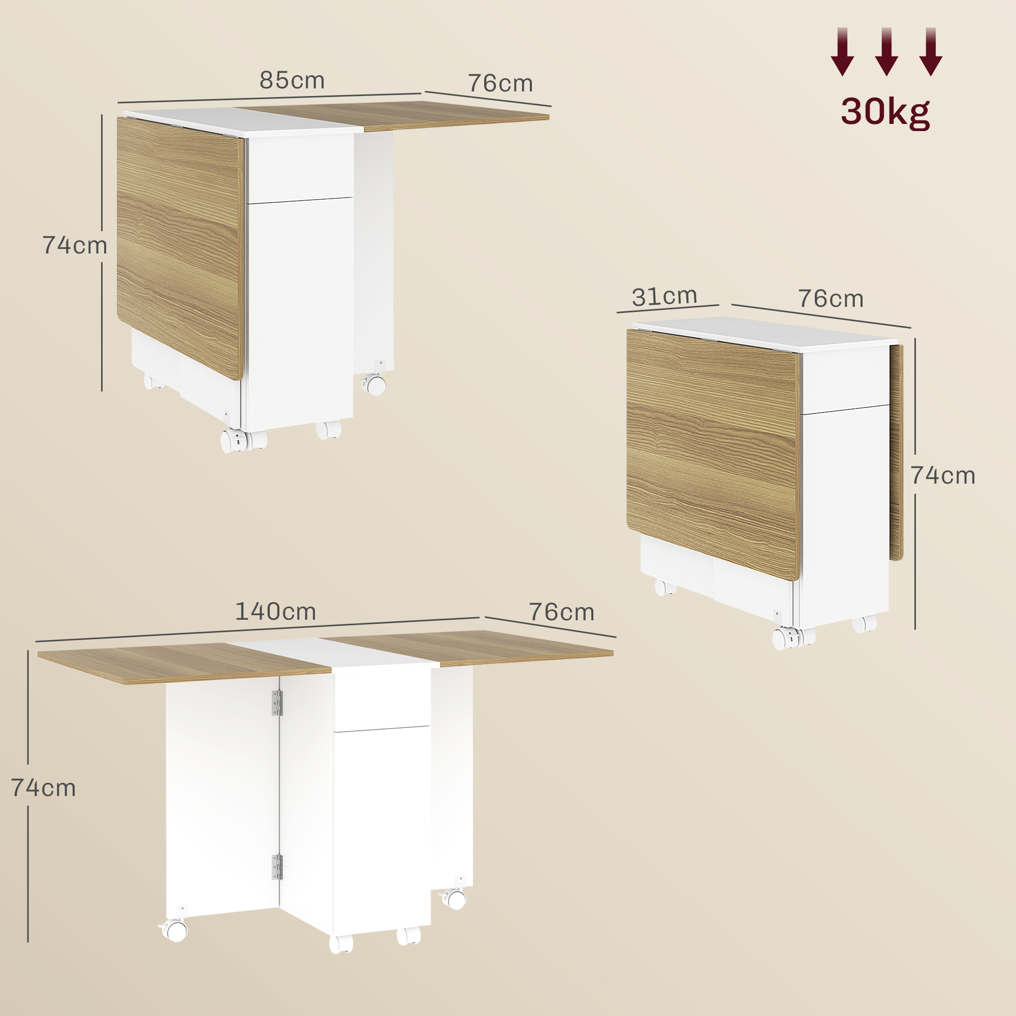 Tavolo pieghevole, tre viste con dimensioni, legno bianco e marrone. Il tavolo può sopportare 30 kg.