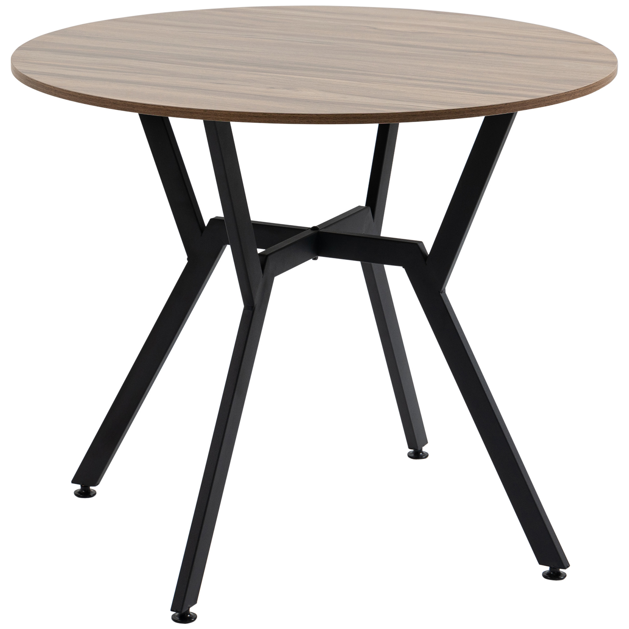 Tavolo rotondo in legno con gambe nere. Le gambe sono incrociate alla base.