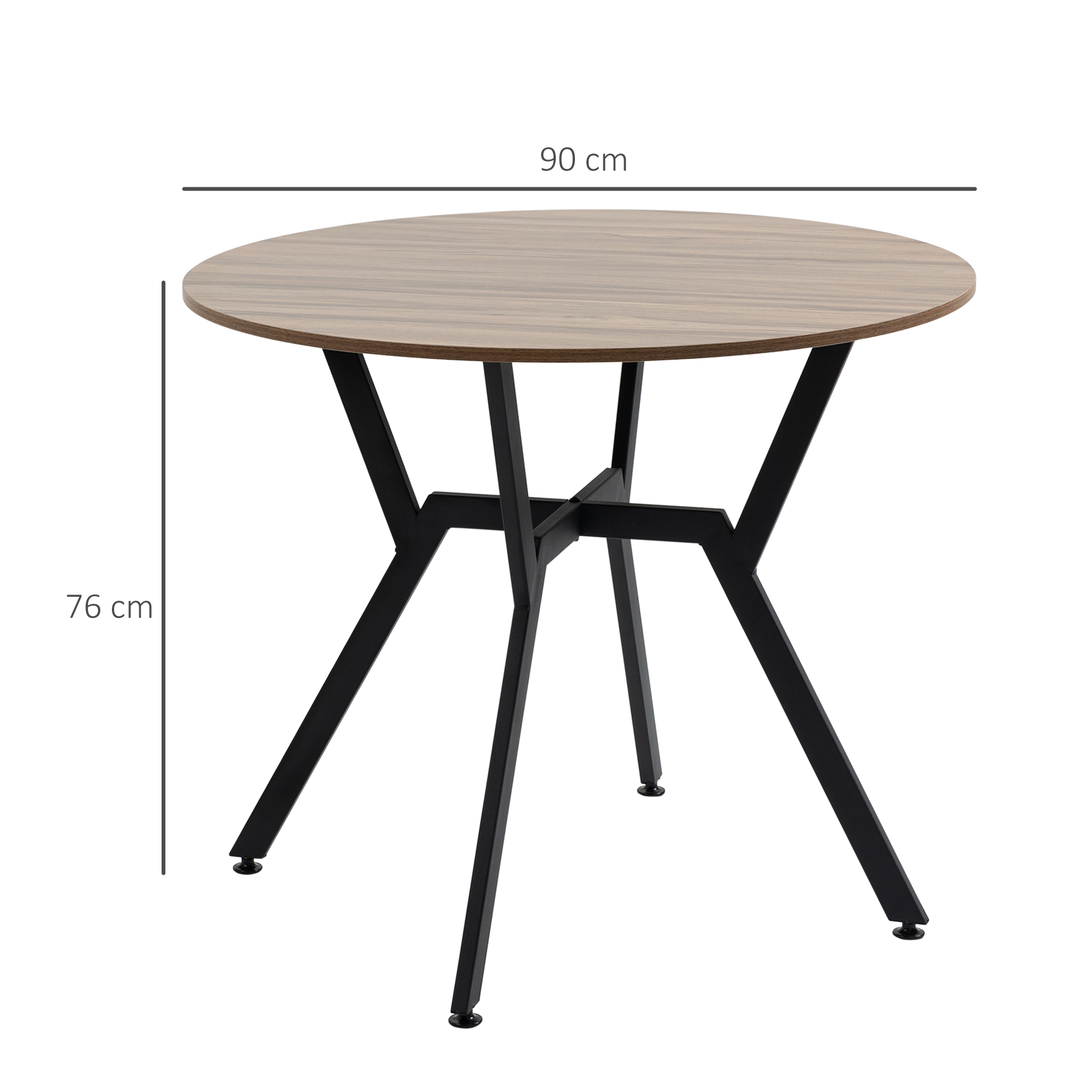 Tavolo rotondo in legno con gambe nere, dimensioni 90x76cm.