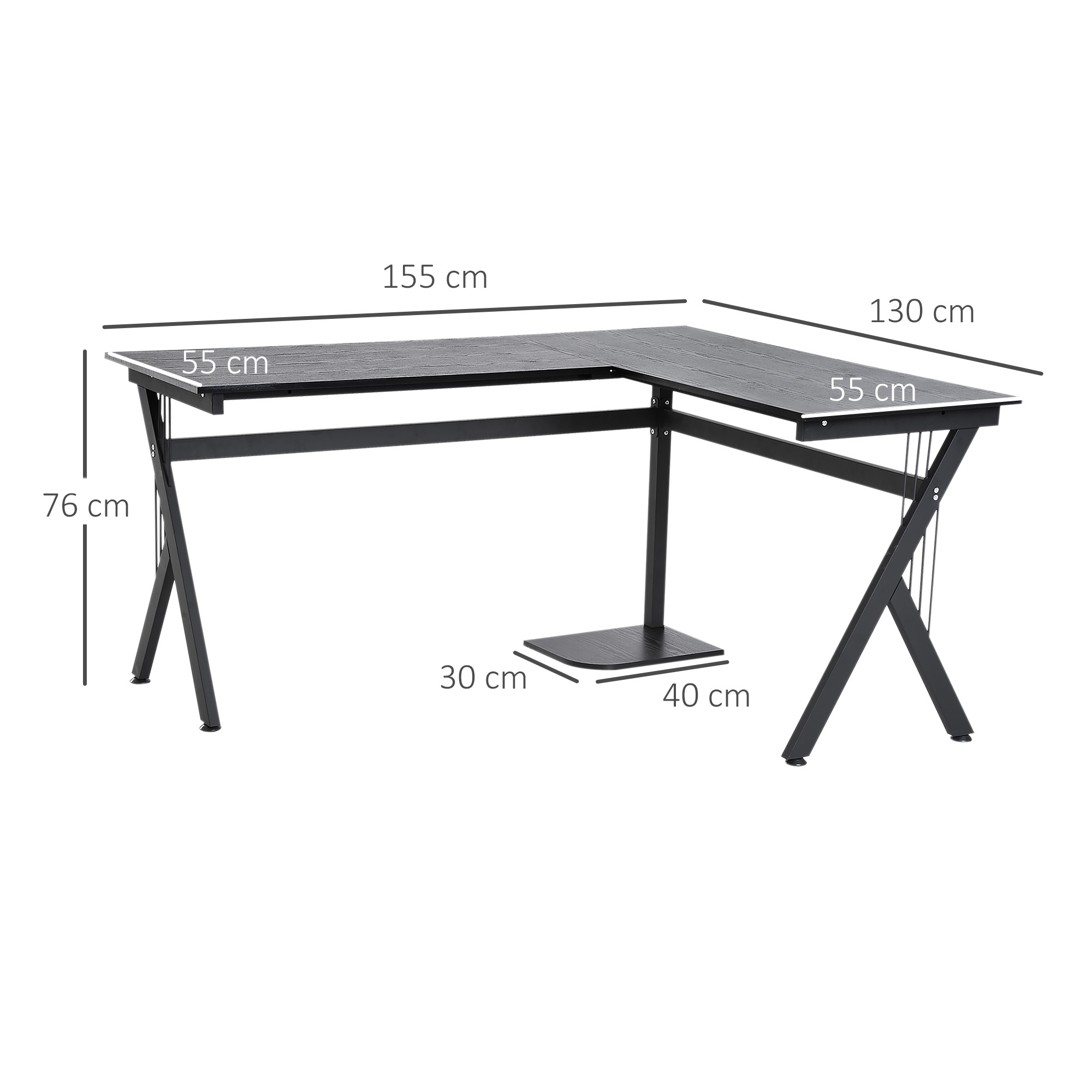 Un escritorio negro en forma de L con dimensiones. Tiene una estructura metálica negra y una tapa de madera.