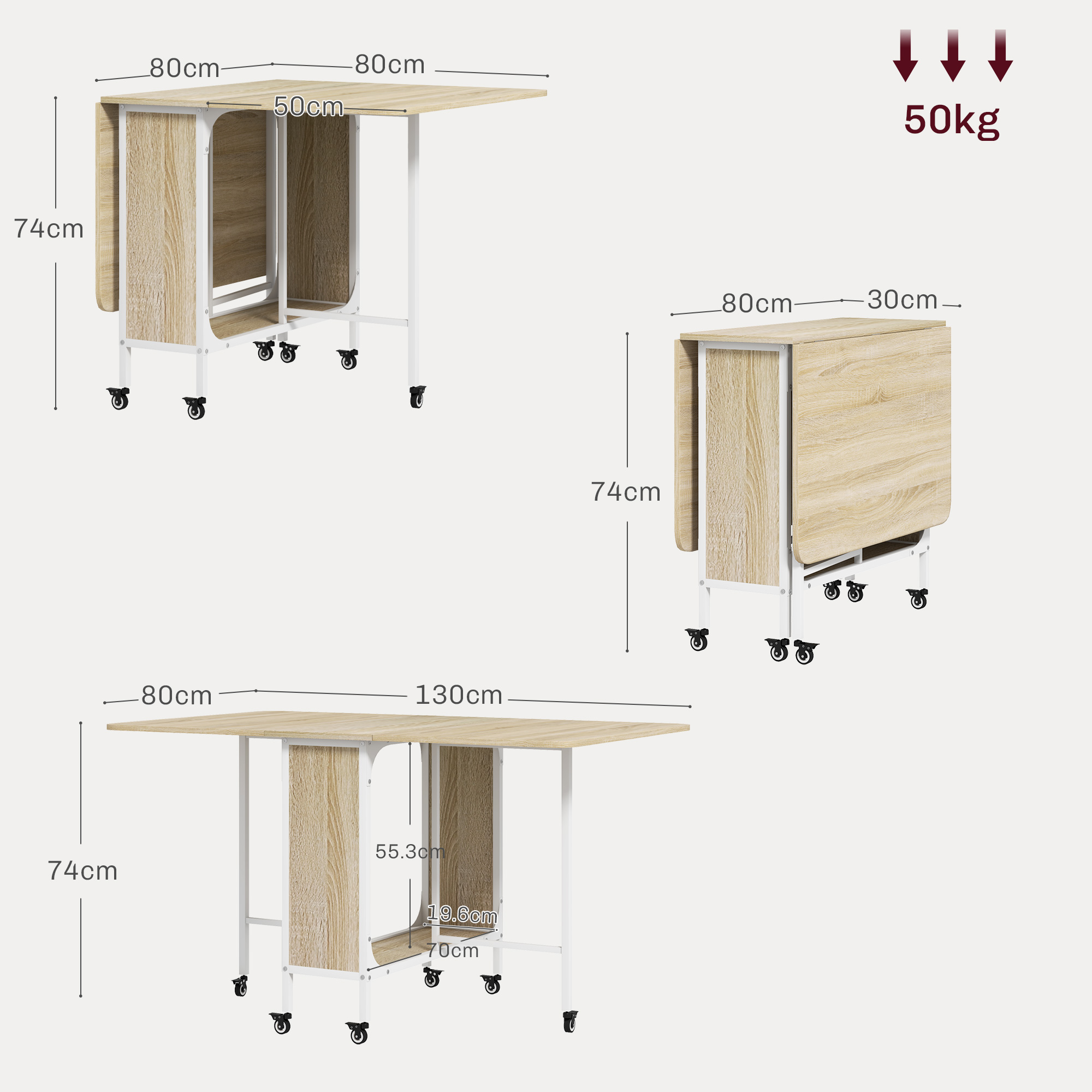 Tavolo pieghevole, tre viste con dimensioni, legno bianco e marrone. Il tavolo può sopportare 50 kg.