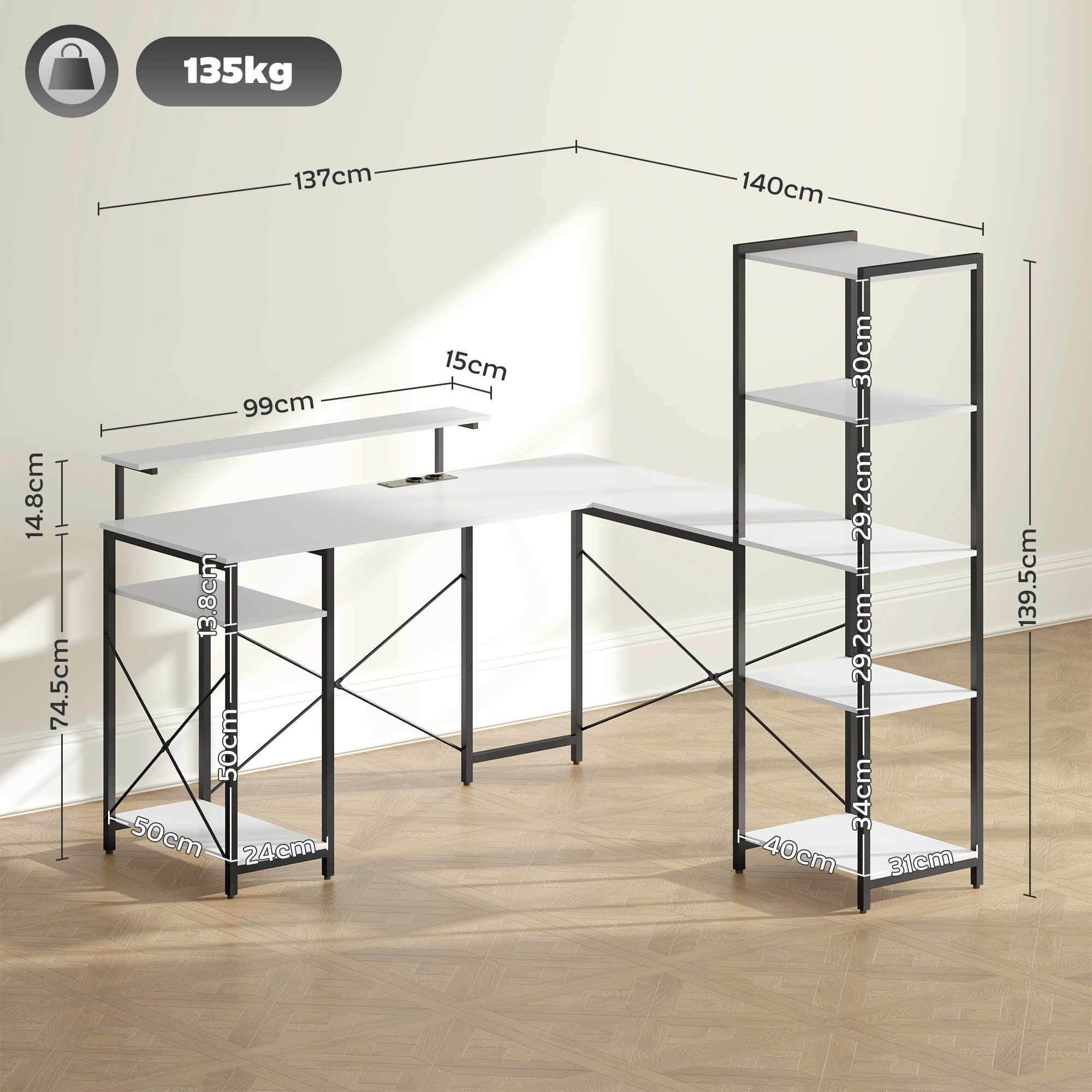 Scrivania bianca a L con telaio in metallo nero, mensole e dimensioni espresse in centimetri.