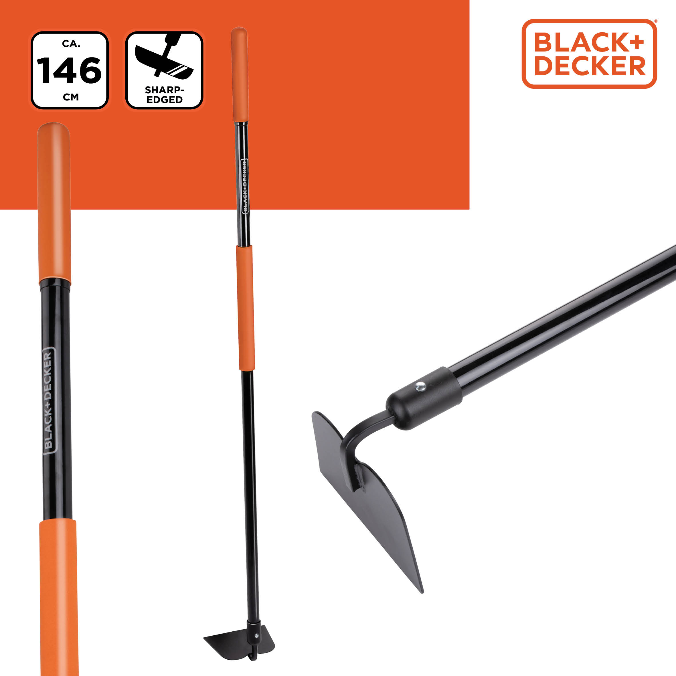 Zwarte en oranje schoffel met een lange steel. 'Black+Decker'-logo zichtbaar.