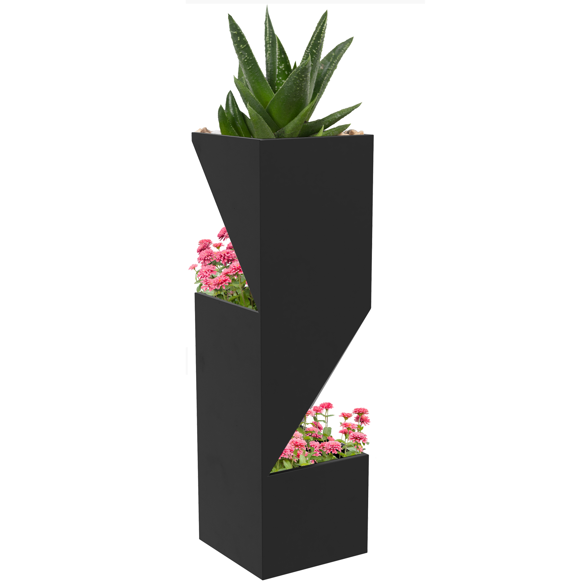 Una fioriera geometrica nera con fiori rosa e una pianta.