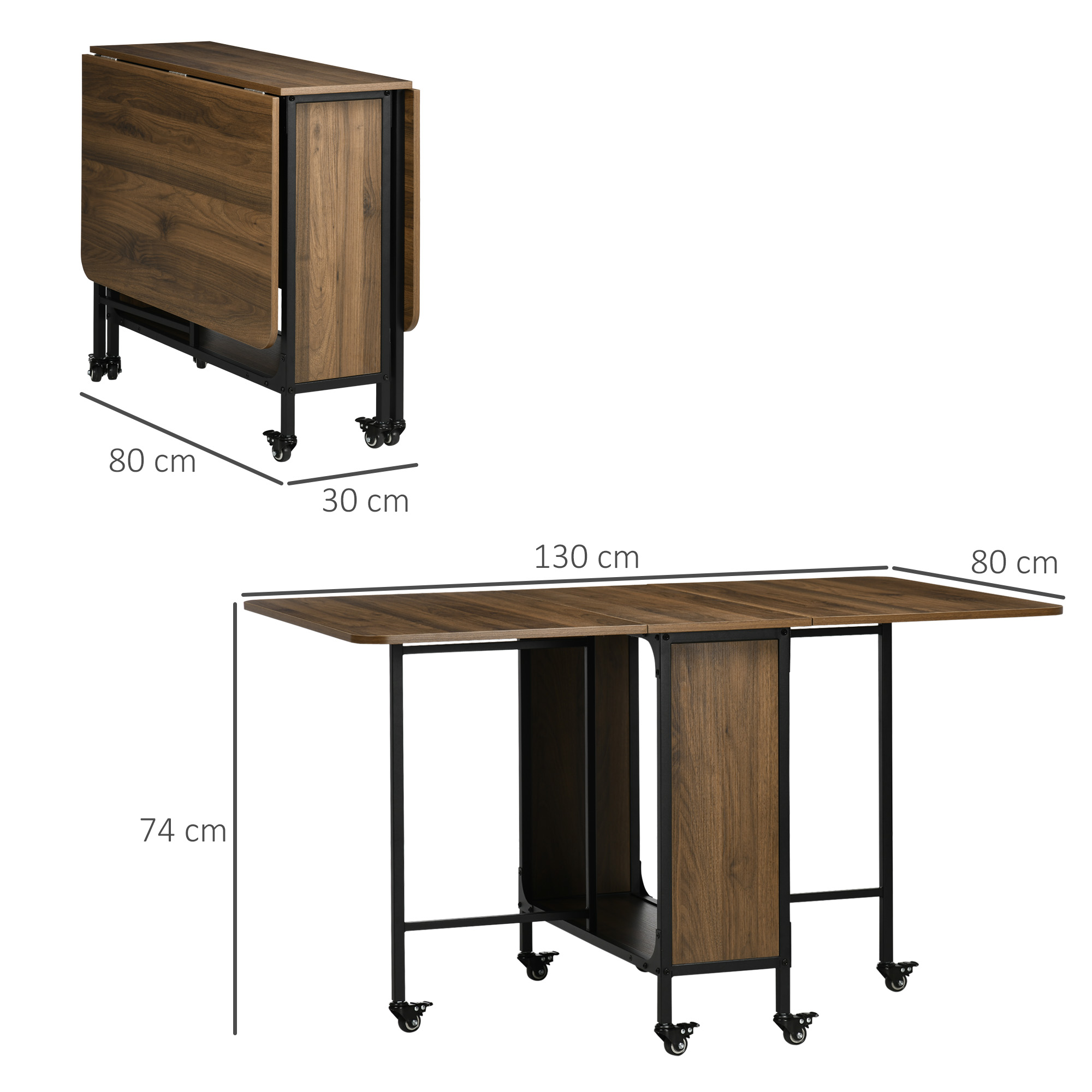 Un tavolo pieghevole marrone con gambe nere e dimensioni visualizzate.