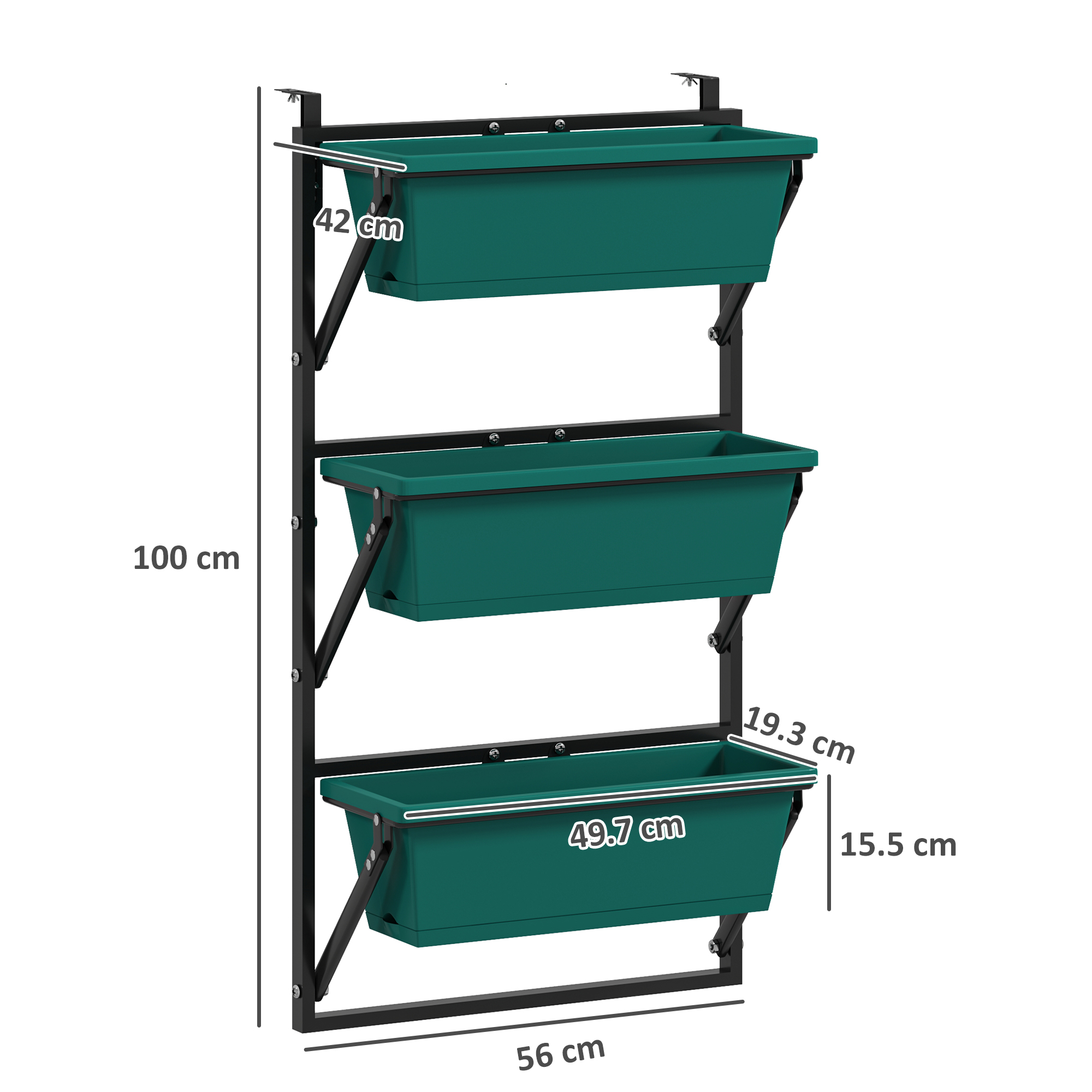Fioriera verde a tre livelli con telaio nero e dimensioni.