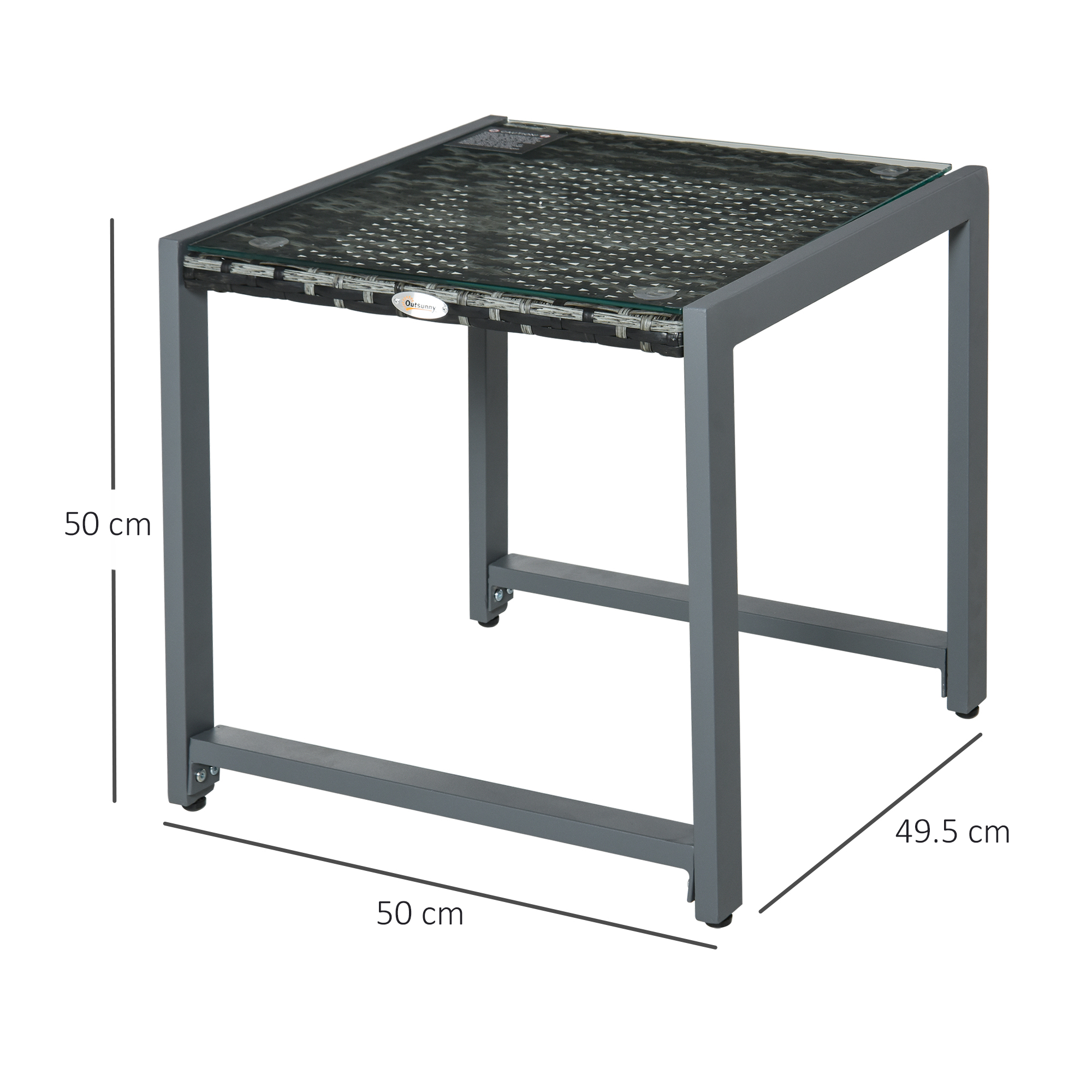 Un tavolo quadrato con piano in vetro e struttura in metallo grigio, con dimensioni.