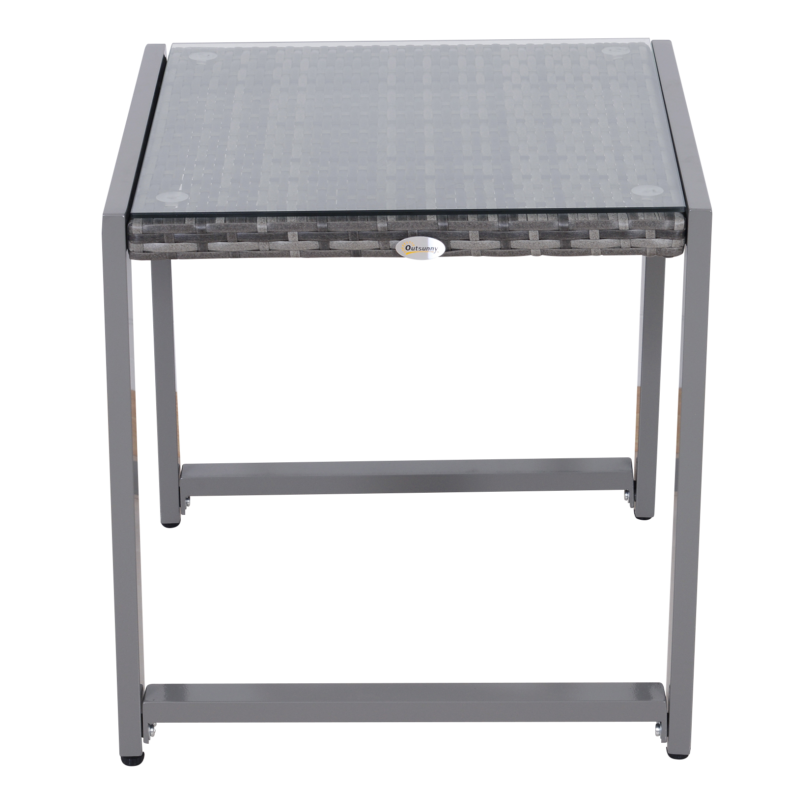 Tavolo quadrato da esterno con piano in vetro e telaio grigio.