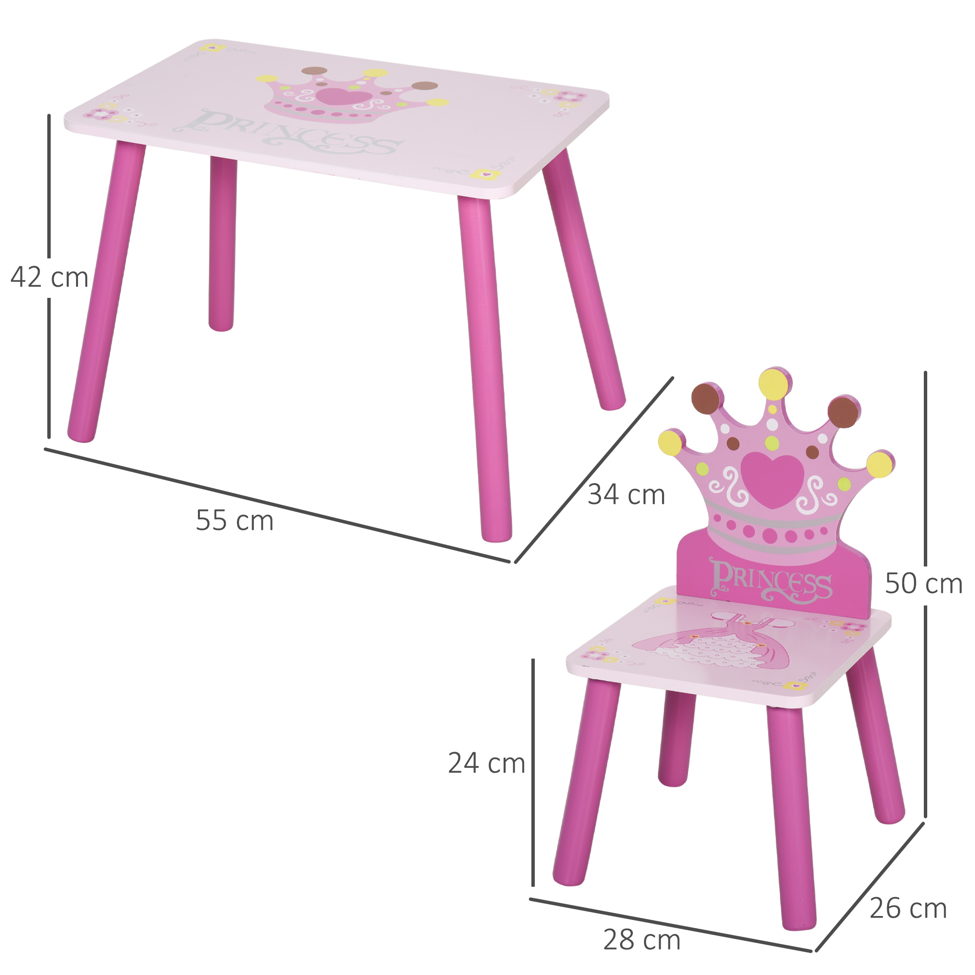 Set tavolo e sedia a tema principessa rosa, dimensioni espresse in centimetri.