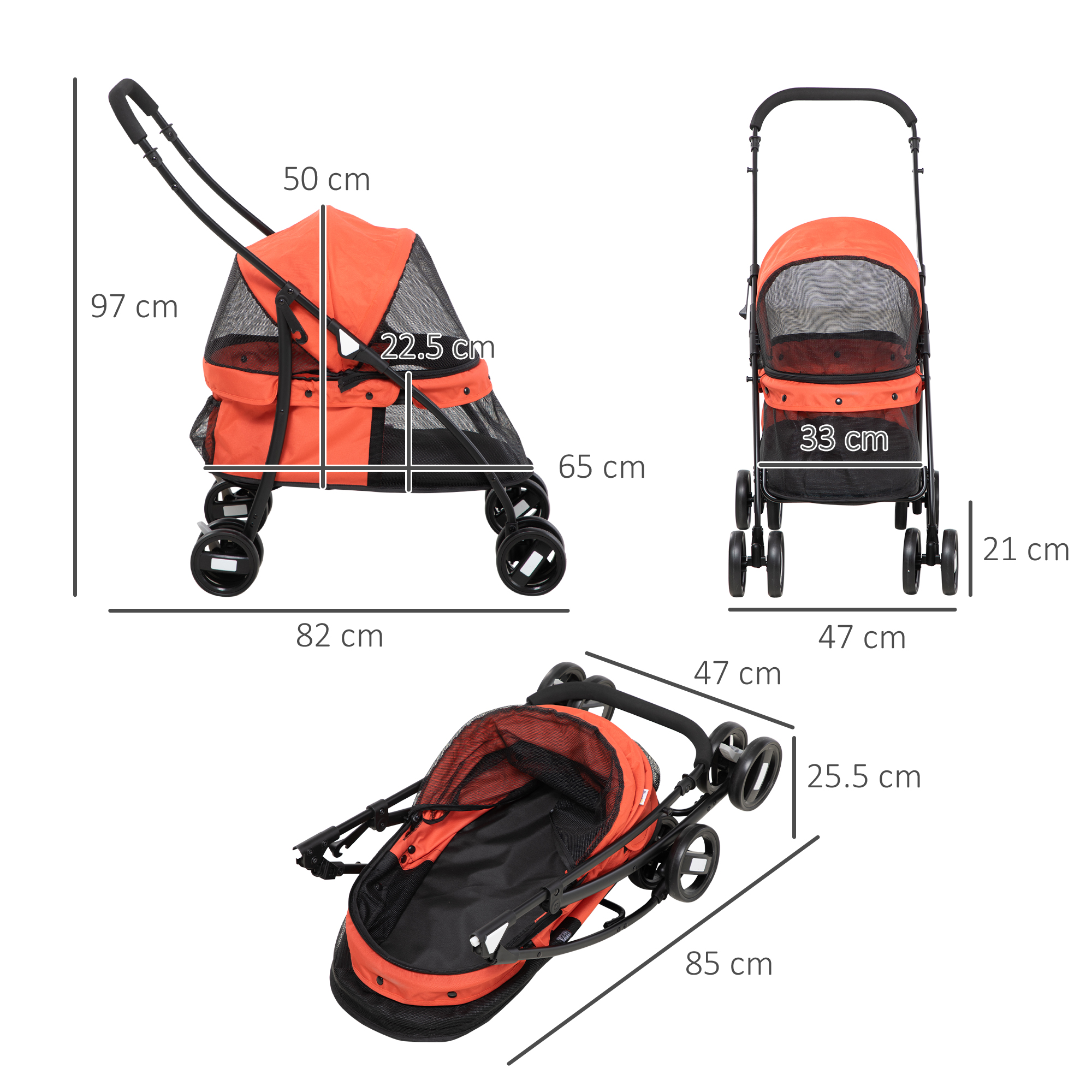 Passeggino arancione per animali con dimensioni. Ha ruote nere e finestra a rete.