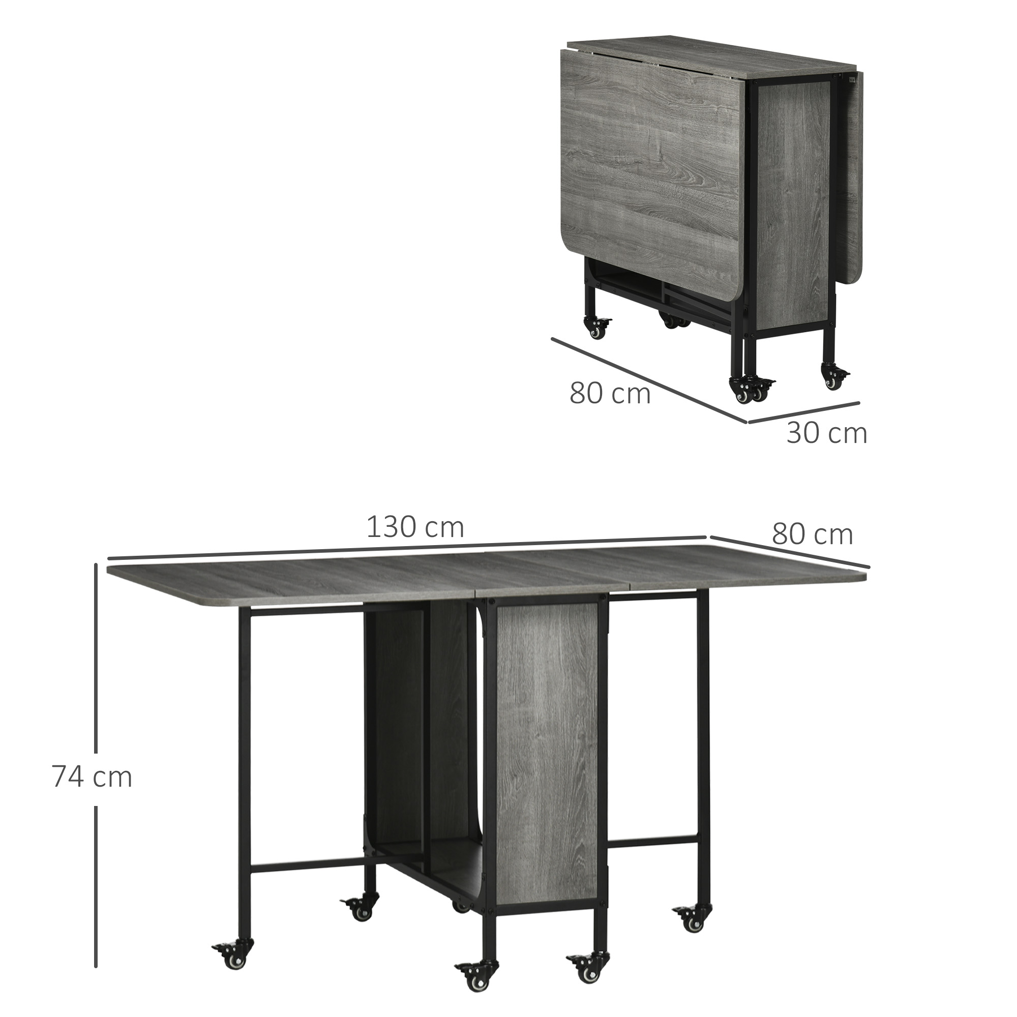Un tavolo pieghevole in legno grigio con ruote, mostrato piegato e aperto.