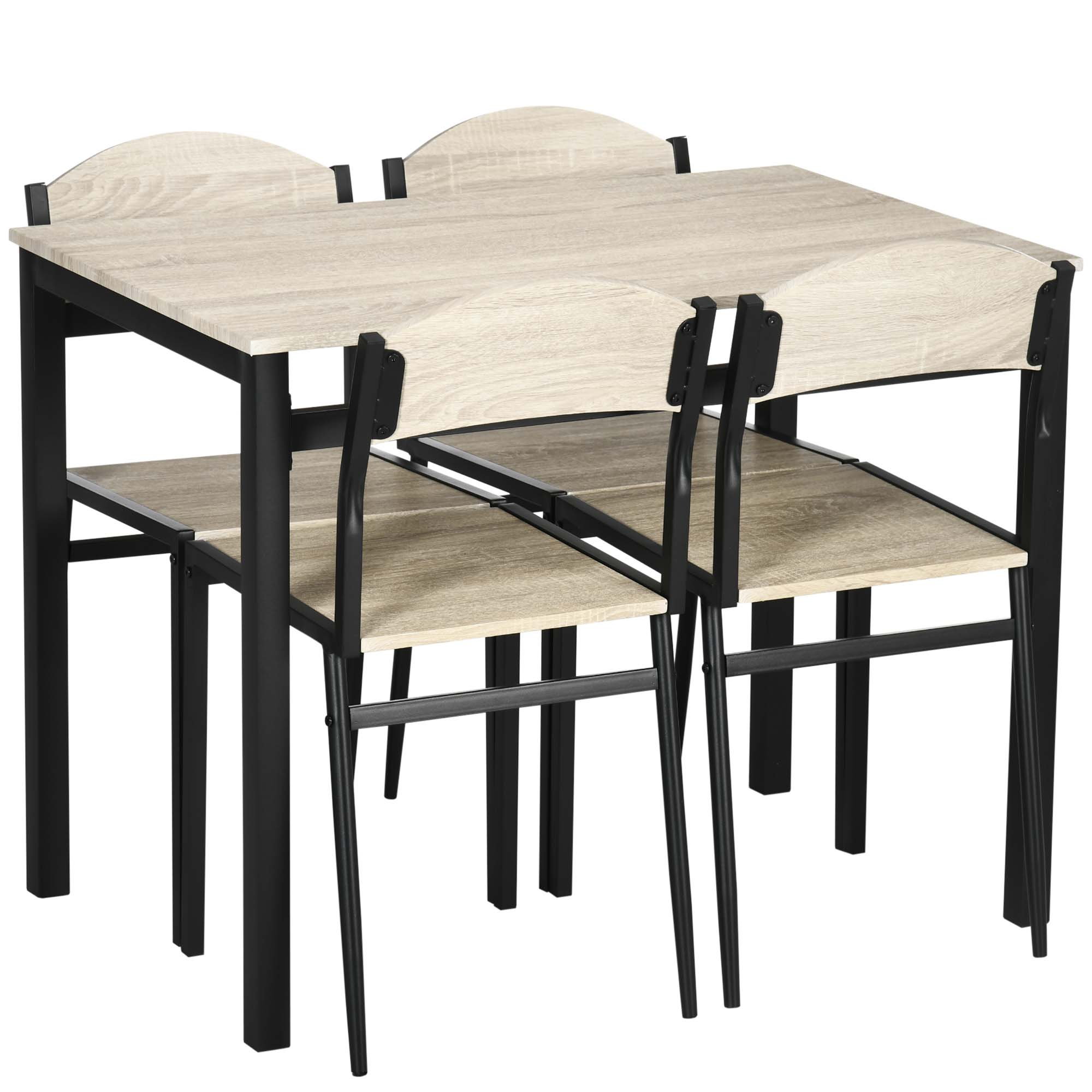 Un tavolo da pranzo con quattro sedie, in legno chiaro e metallo nero.