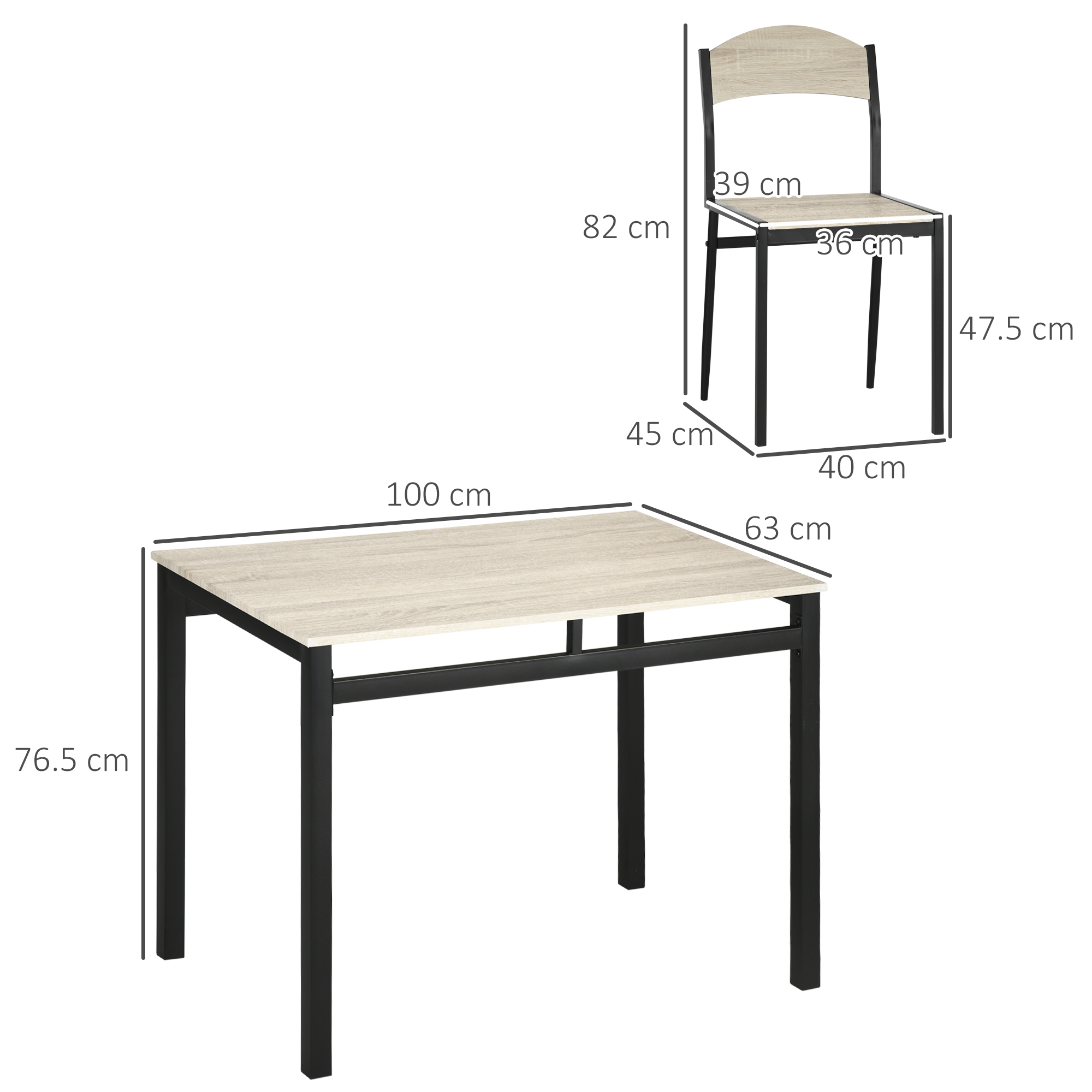 Tavolo con dimensioni e sedia. Il tavolo ha telaio nero e piano marrone chiaro.