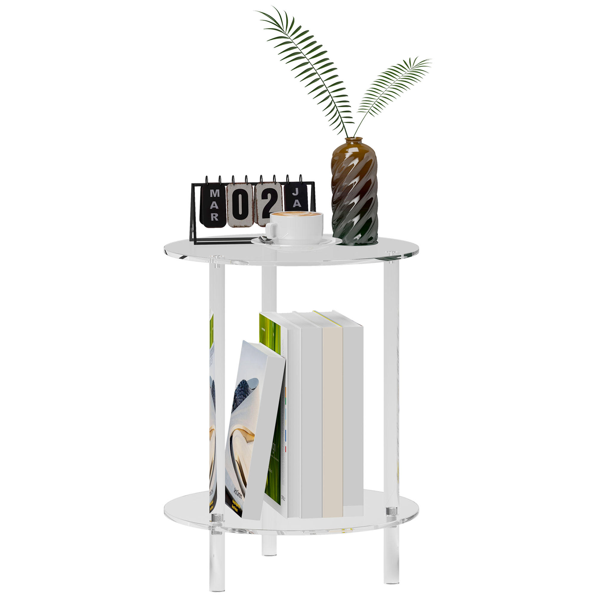 Tavolino in acrilico trasparente con libri, vaso e calendario su sfondo bianco.