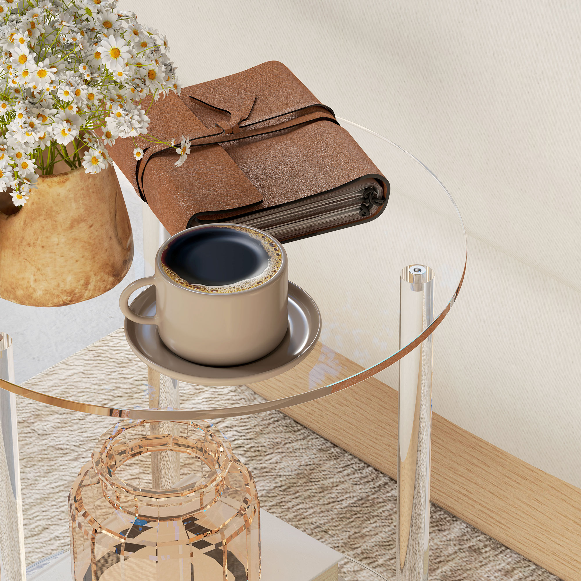Una tazza di caffè su un piattino su un tavolo di vetro. Libro marrone e fiori vicini.