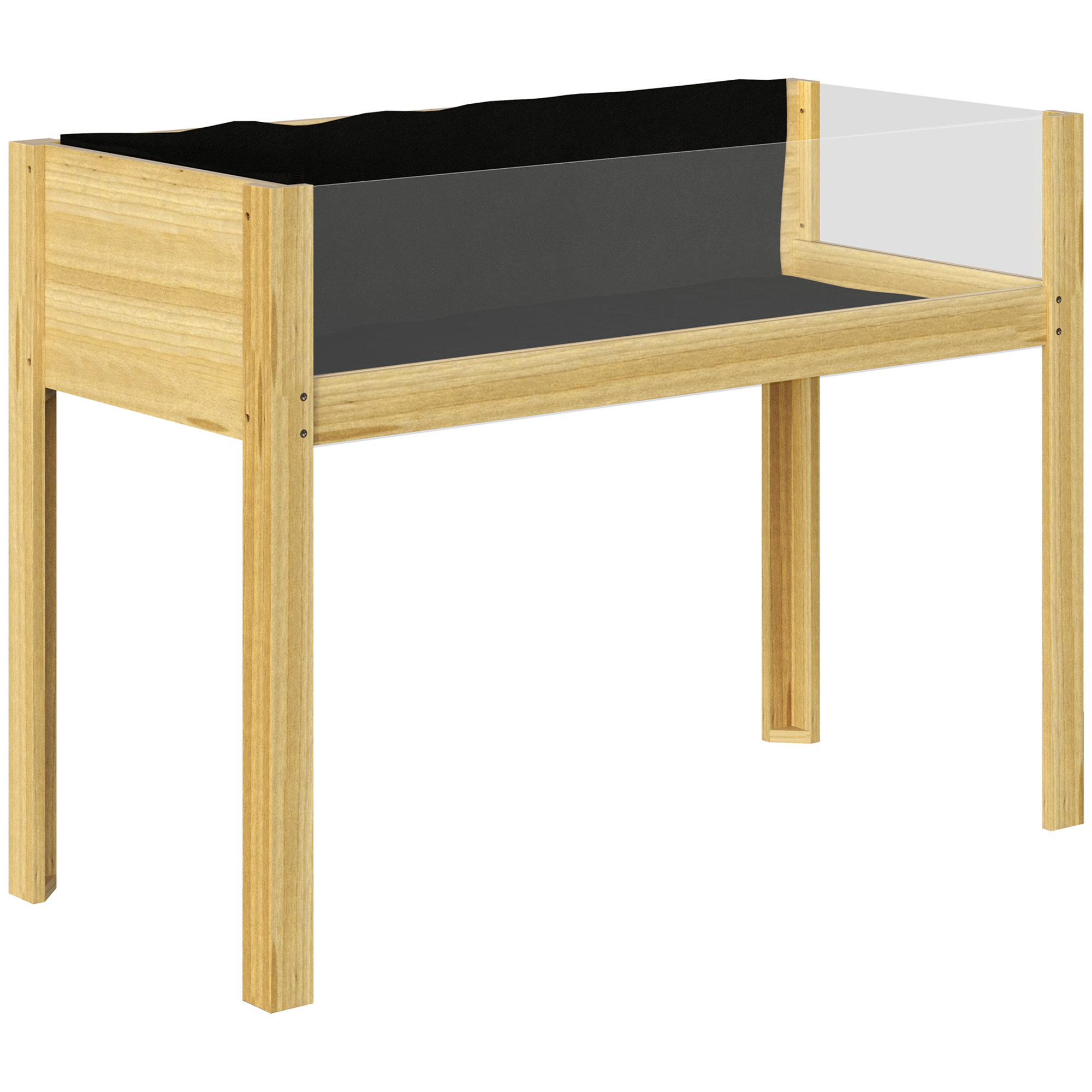 Un espositore in legno con piano in vetro e interno nero, su sfondo bianco.