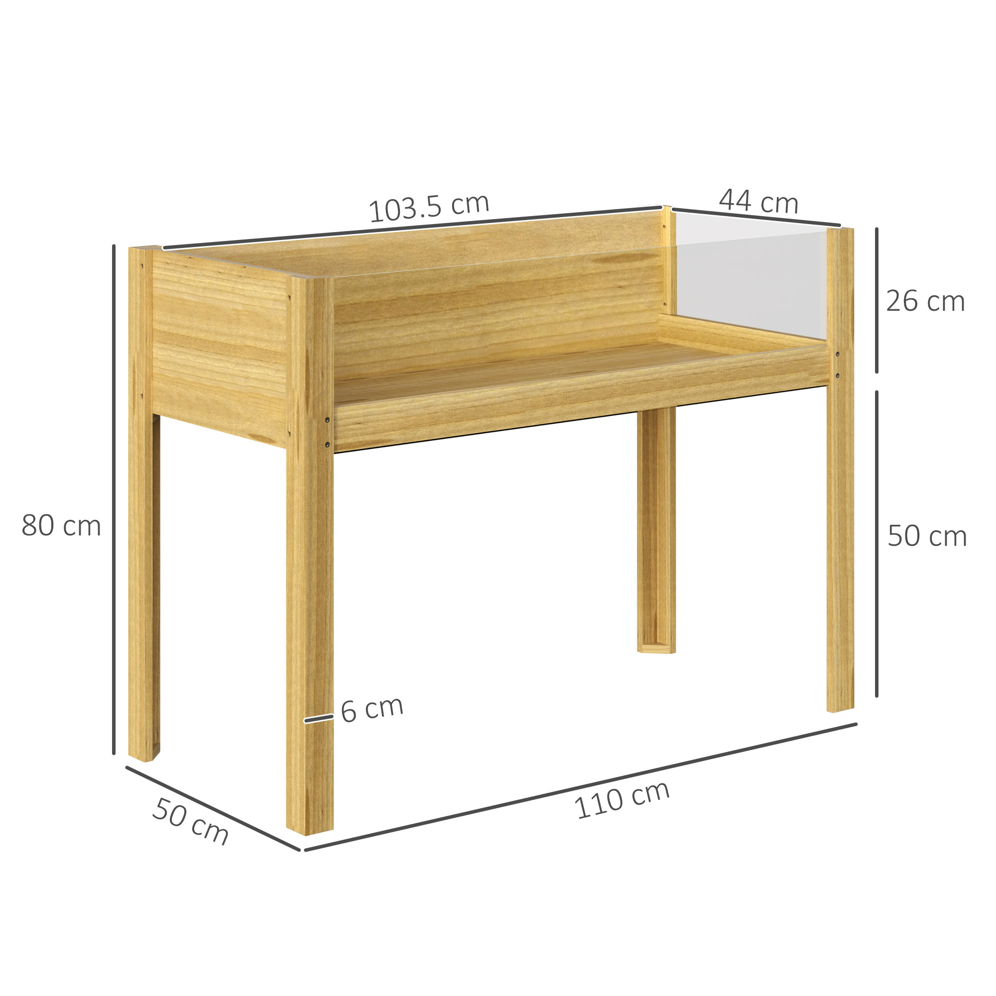 Una panca in legno con dimensioni. Ha un pannello trasparente sul lato destro.