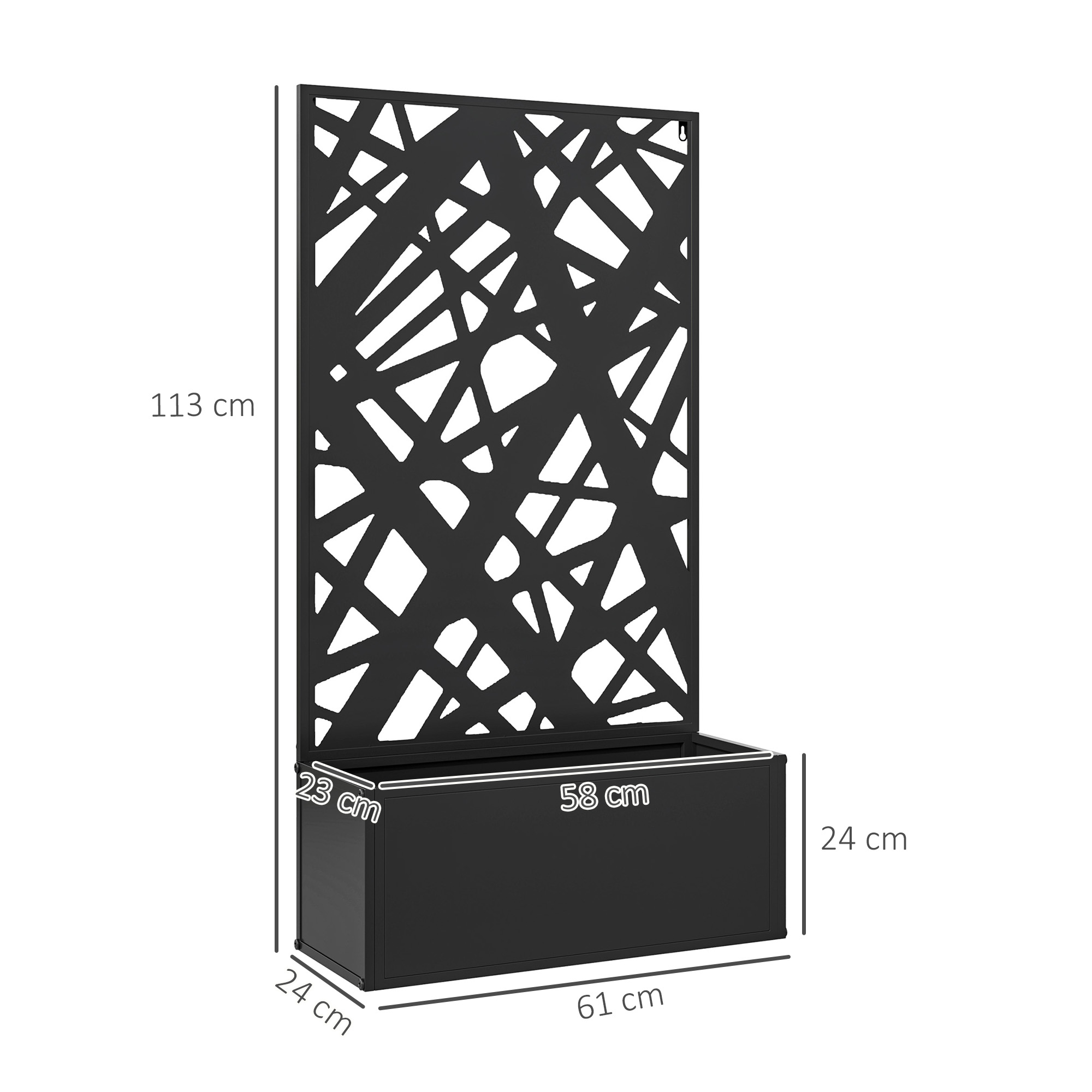 Pannello decorativo nero con fioriera, che mostra le dimensioni.