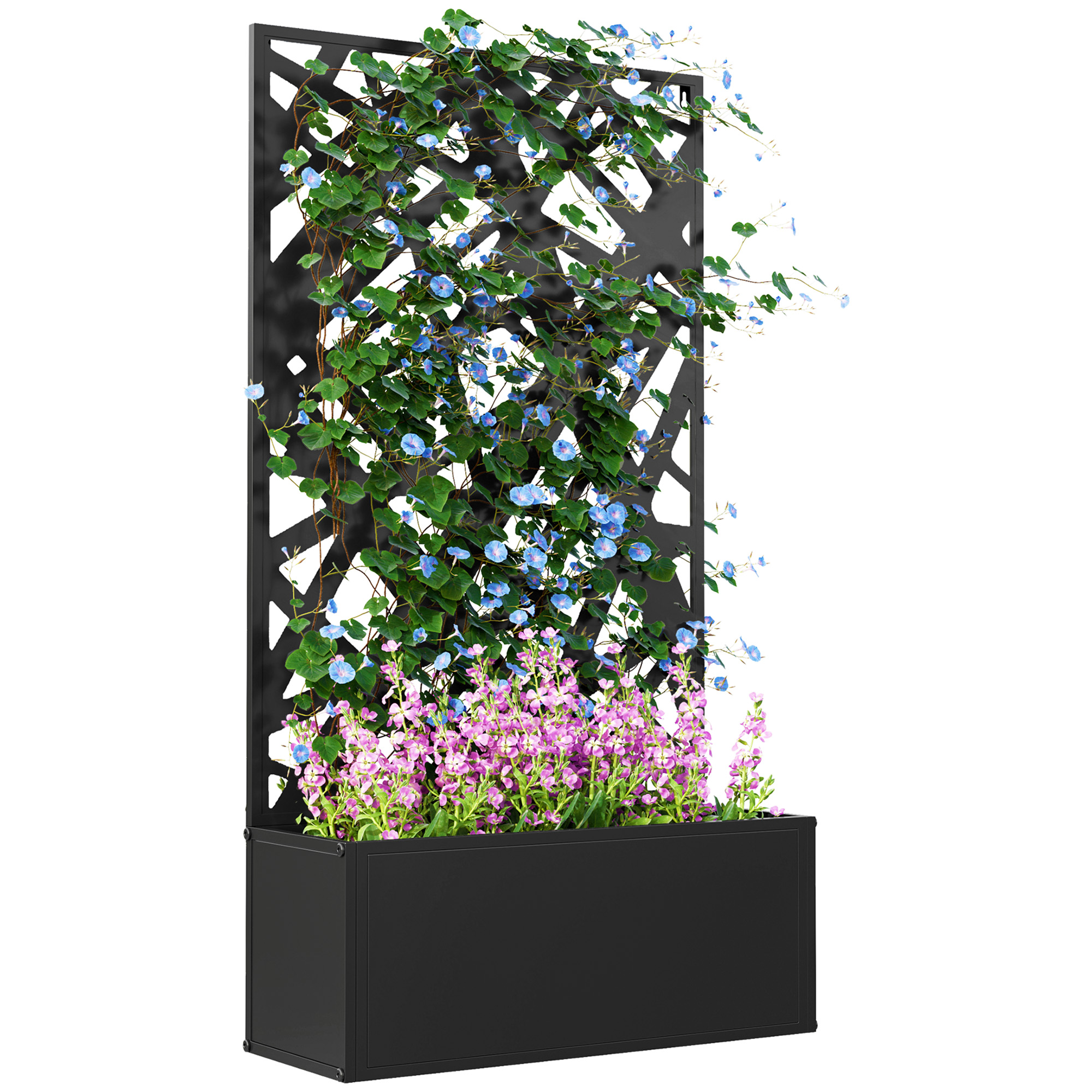 Fioriera nera con rampicanti e fiori.