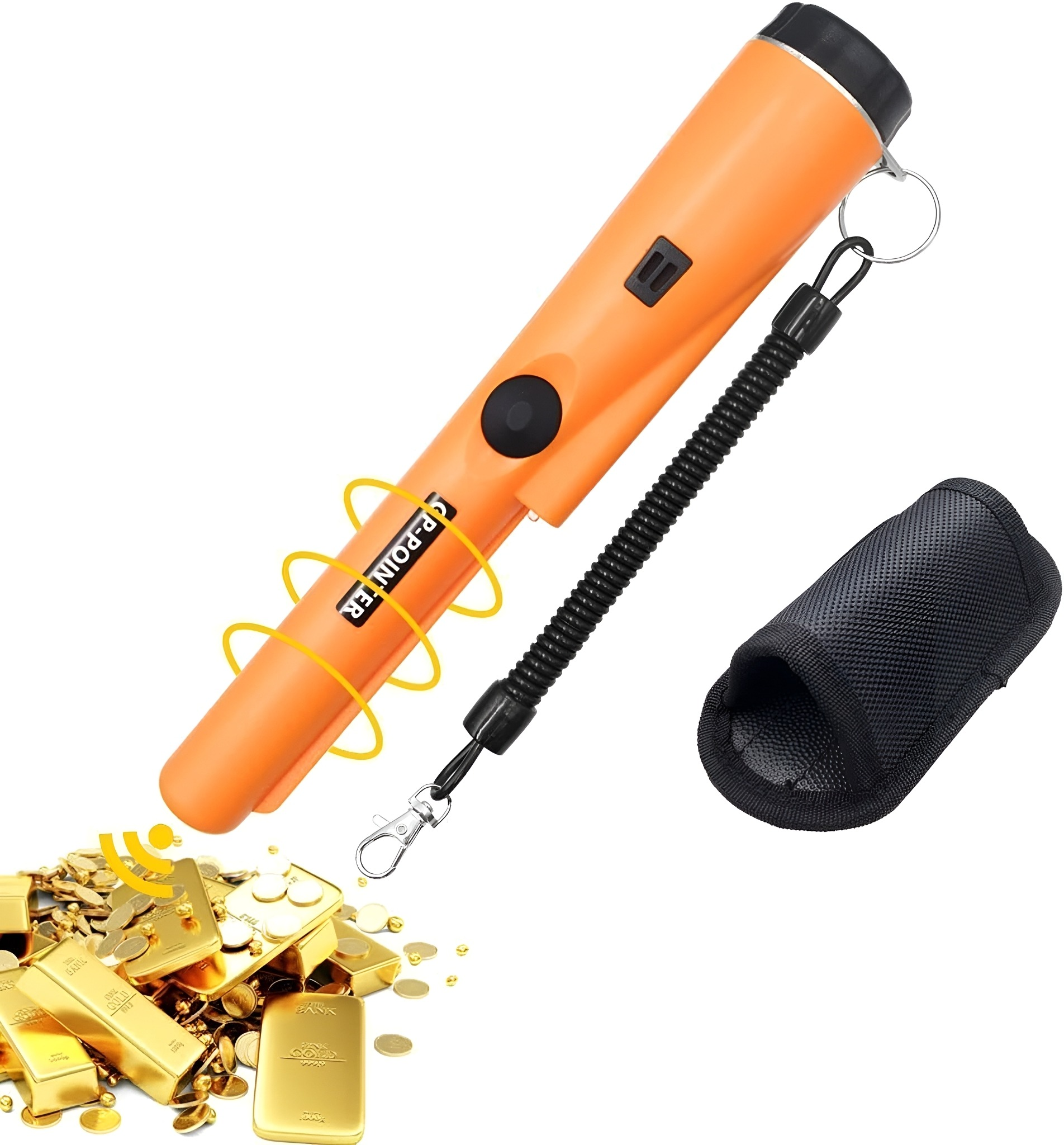 Oranger Metalldetektor mit Gold und einer schwarzen Hülle. Geschwungene Linien um den Detektor.