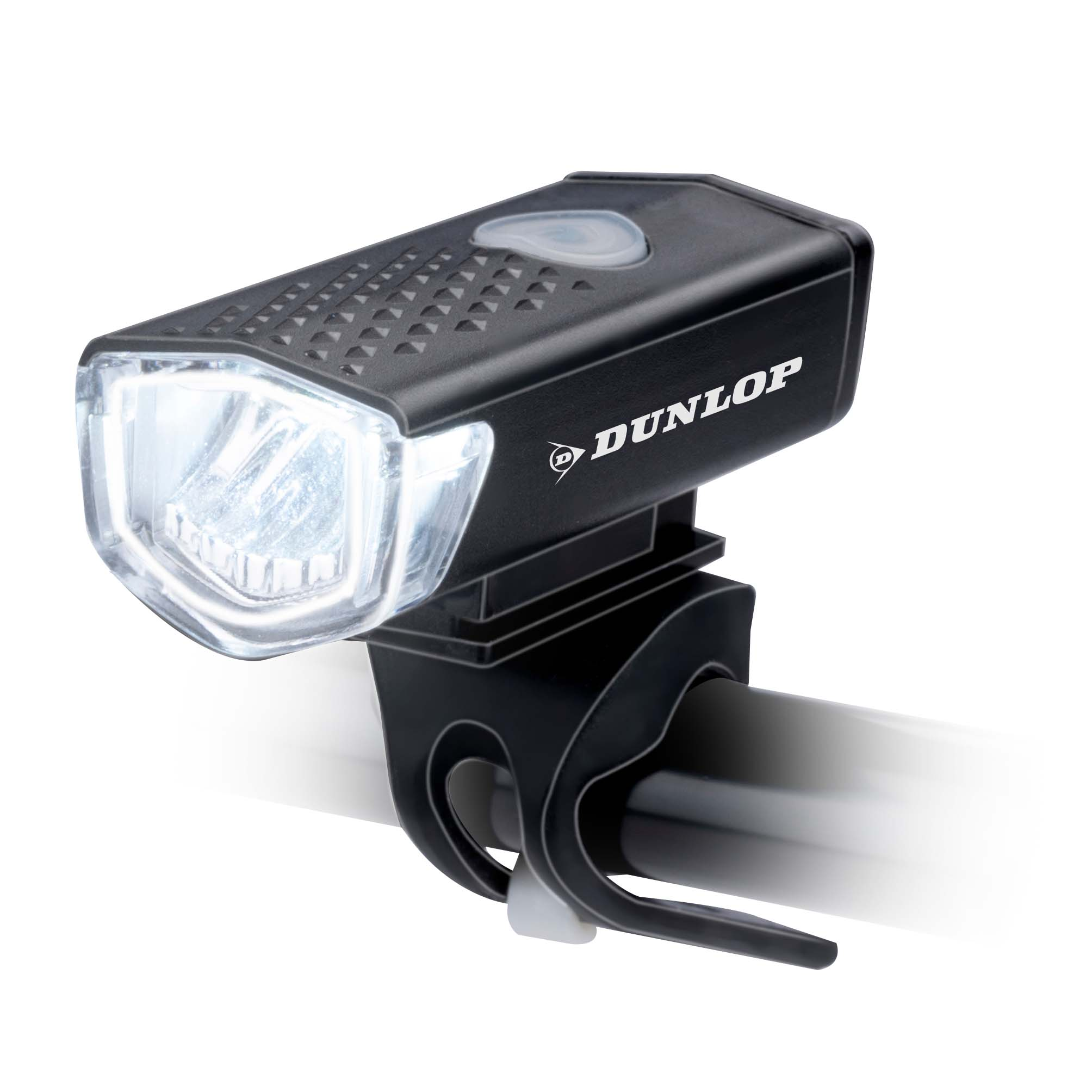 Zwarte fiets koplamp, bevestigd aan een stuur, met 'DUNLOP' merk.