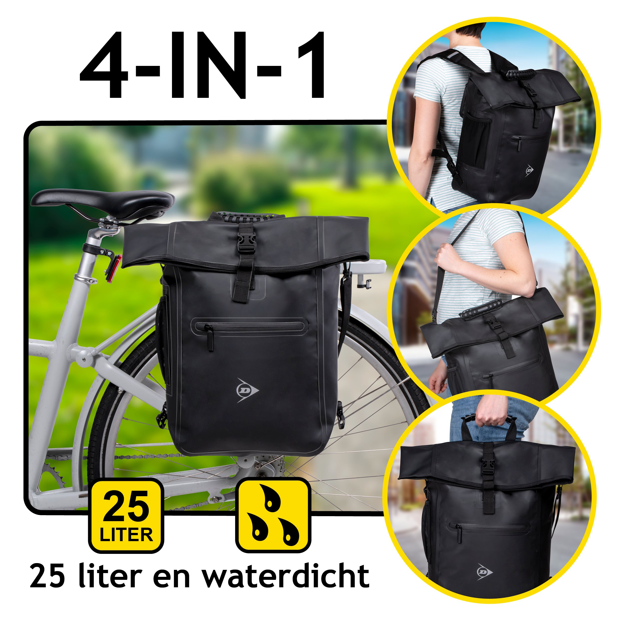 Zwarte fietstas op fiets met verschillende gebruiksmogelijkheden.