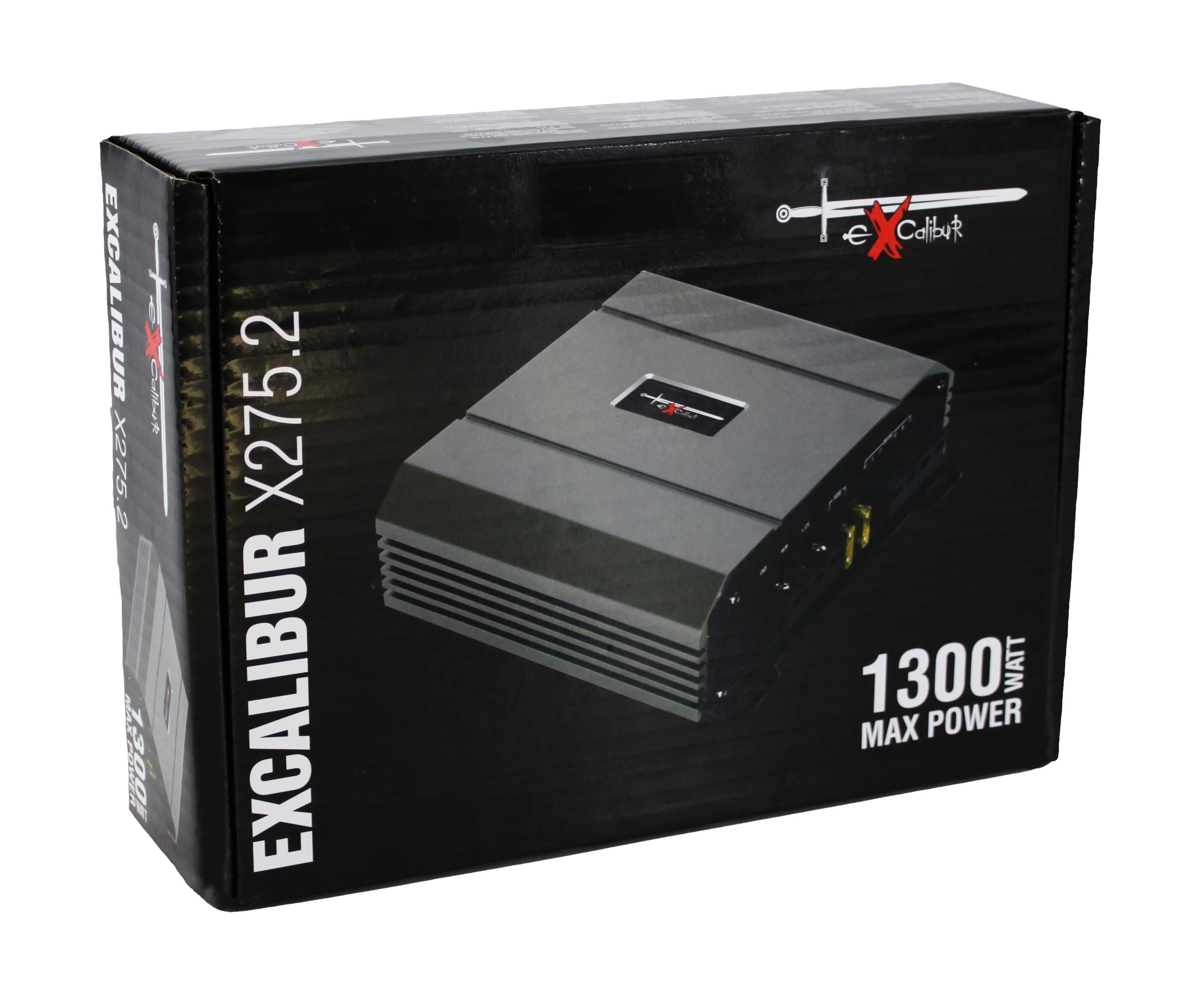 Schwarze Box mit Text 'EXCALIBUR X275.2' und einem schwarzen Verstärker.