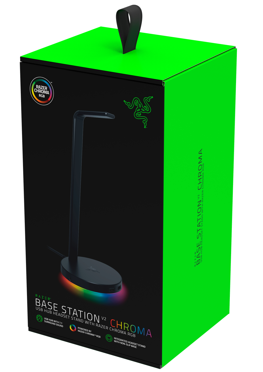 Grüne Box mit schwarzem Headset-Ständer und Razer-Logo.